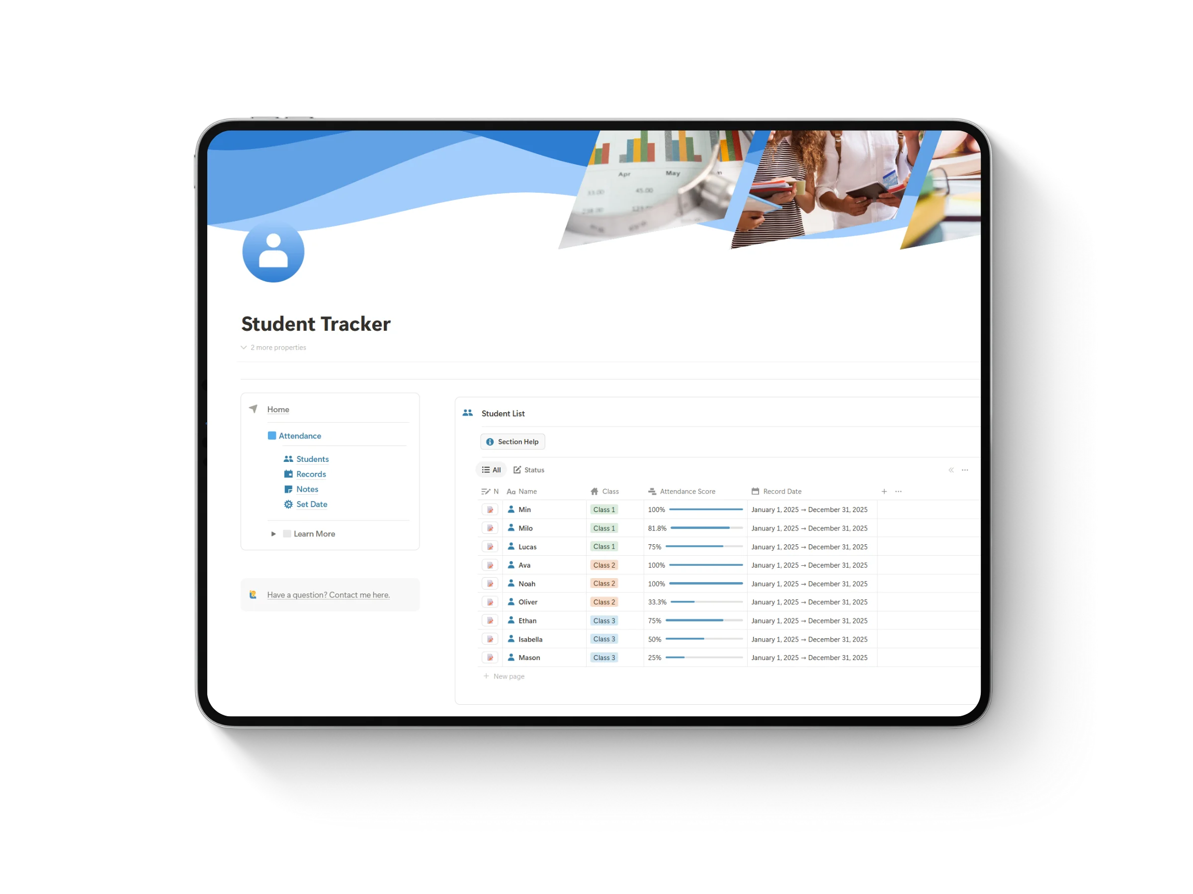 Thumbnail of Notion template for teachers and education featuring an iPad mockup displaying ‘Student Attendance Tracker’ title with vibrant blue accent colors.