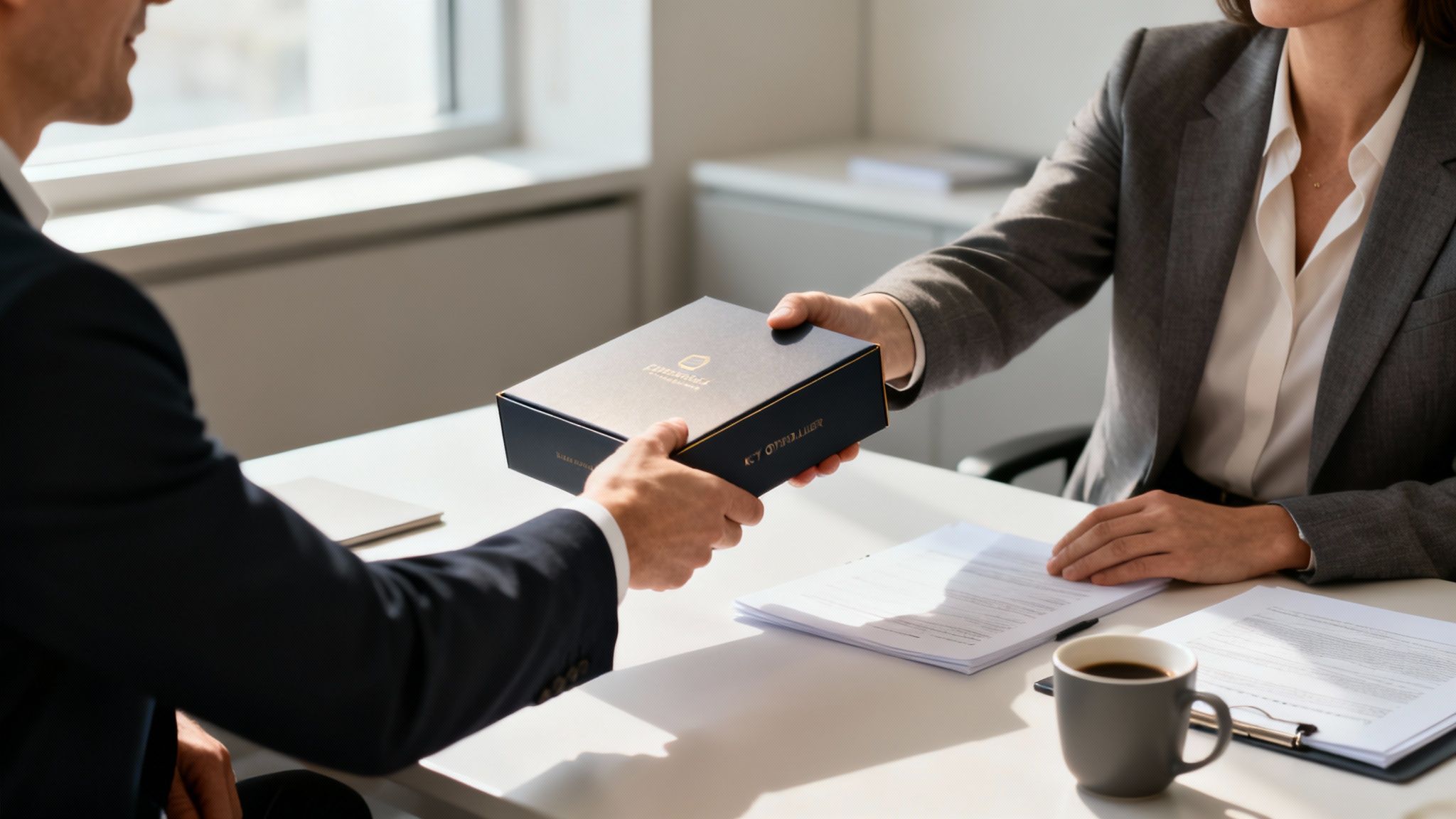 Two people shaking hands in a professional setting