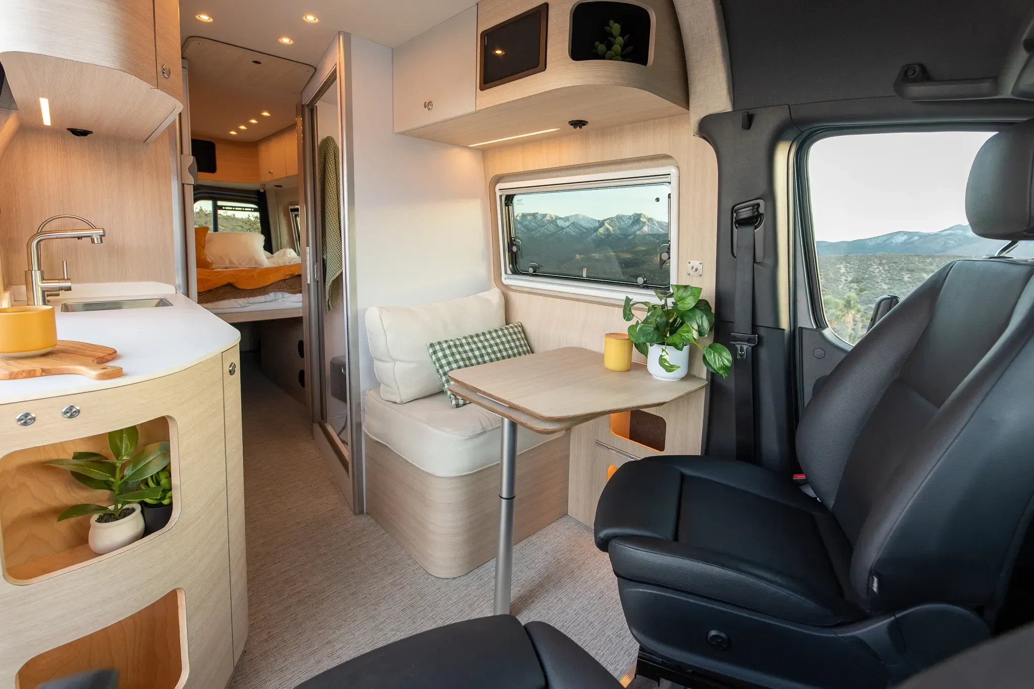 interior kitchen area of stylish camper van