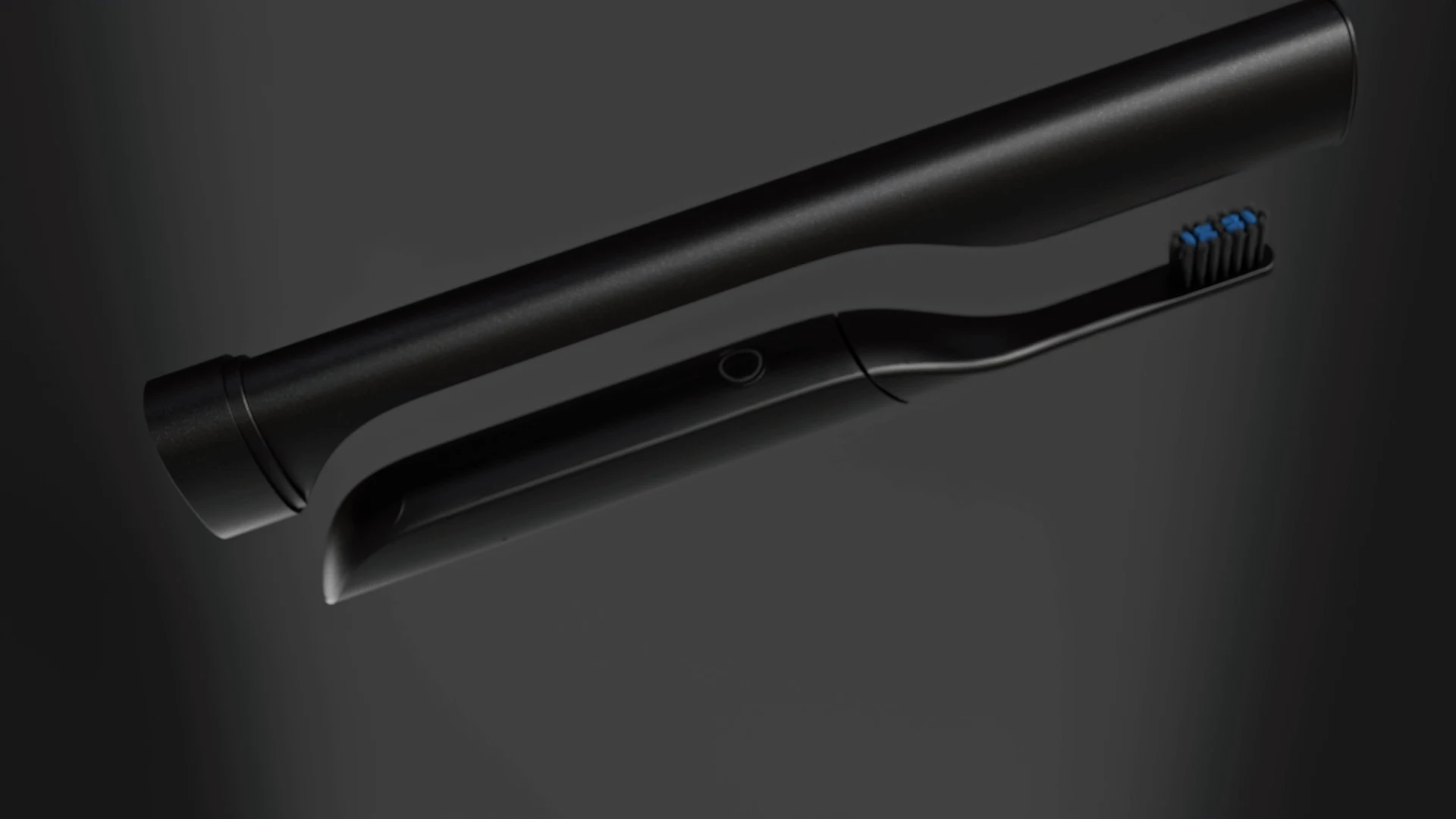 Black toothbrush and case in a horizontal arrangement