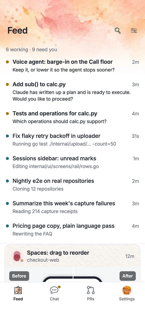 Parallax on a phone: the Feed, with six agents working and nine asks that need you