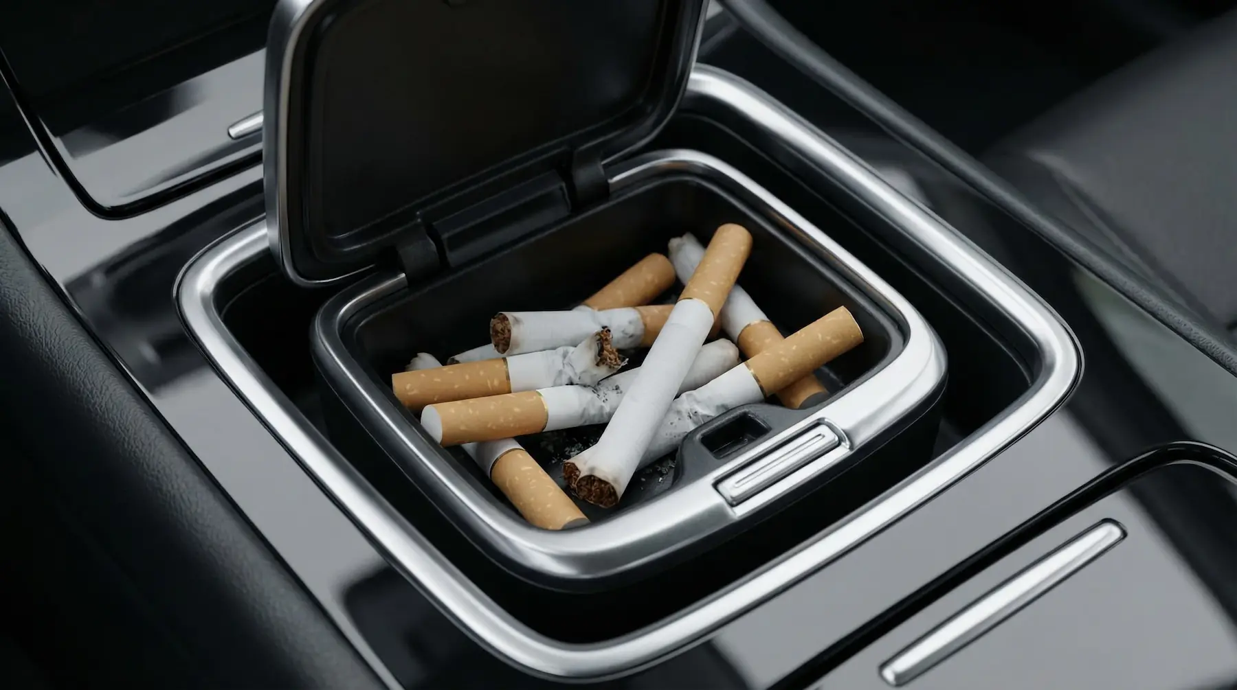 Mégots de cigarette dans un cendrier de voiture en gros plan