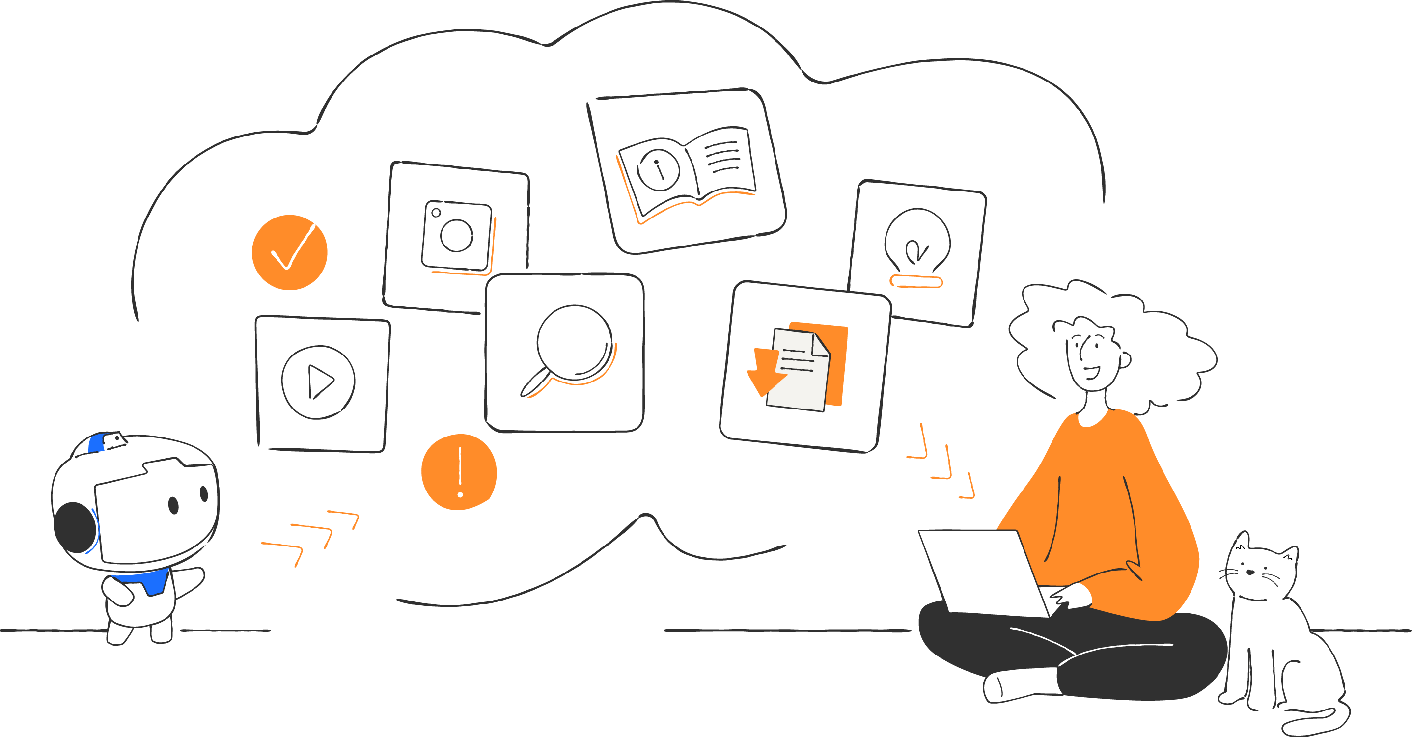 Ilustração do mascote da DevolveAI disponibilizando uma biblioteca de conteúdos educativos sobre segurança digital, incluindo guias, vídeos e materiais para download, para uma pessoa acessar quando precisar.