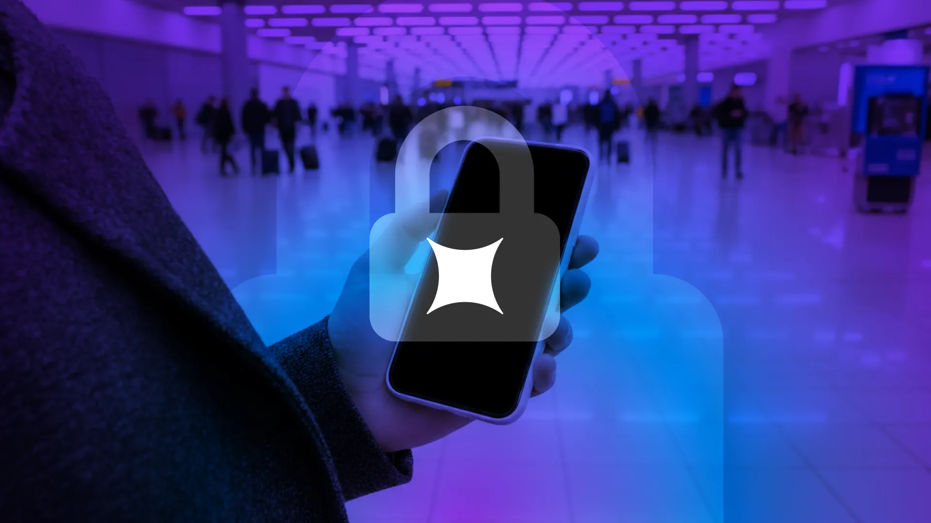 A person holding a smartphone in a public terminal, featuring the HENNGE logo inside a digital padlock overlay to represent secure Zero Trust access.