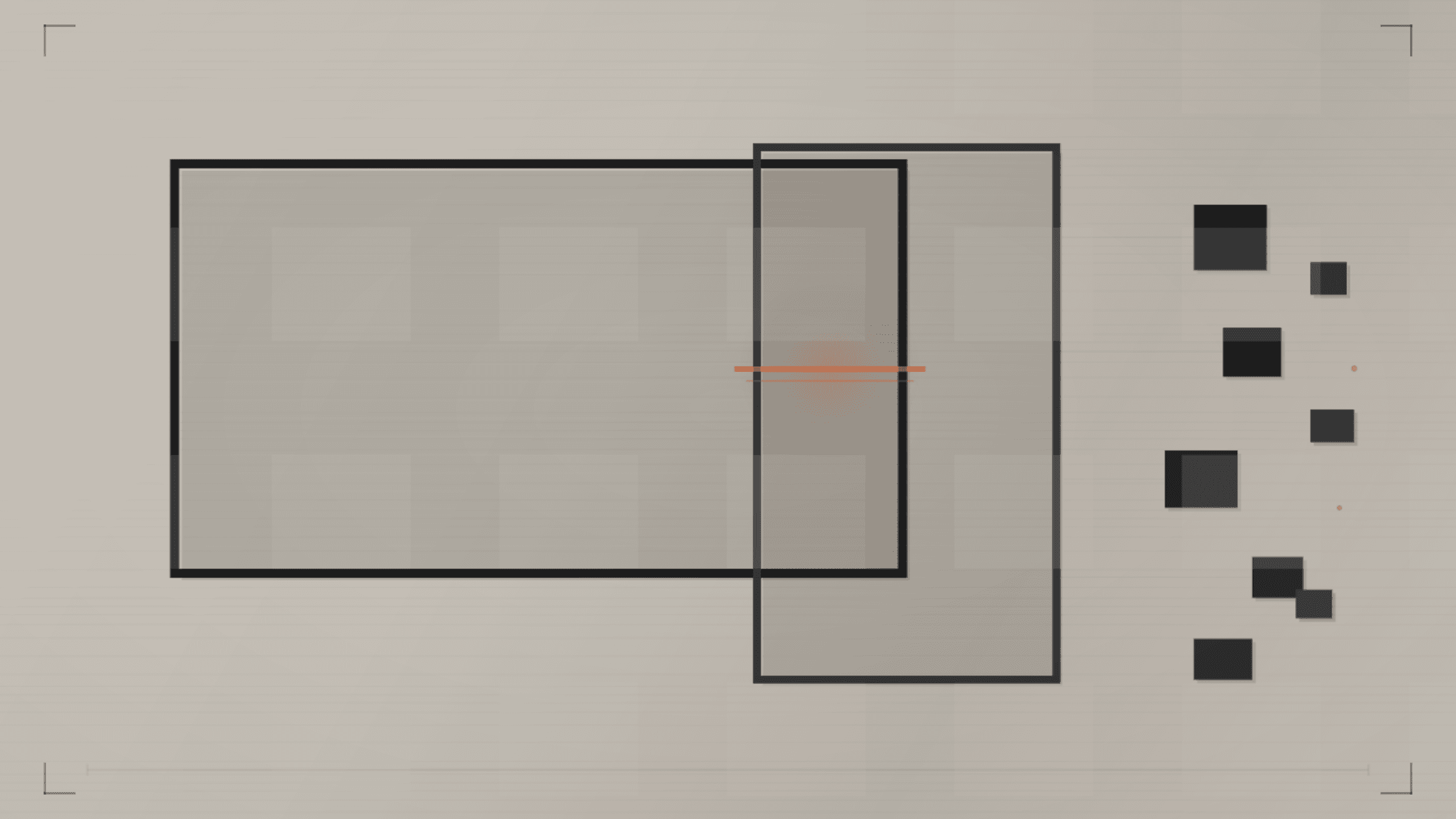 Brutalist abstract illustration on raw concrete of two heavy overlapping rectangular frames — one horizontal (16x9) and one vertical (9x16) — intersecting at bold angles with a burnt orange accent bar at the junction, evoking the need to plan both landscape and portrait framing on the same shoot day.