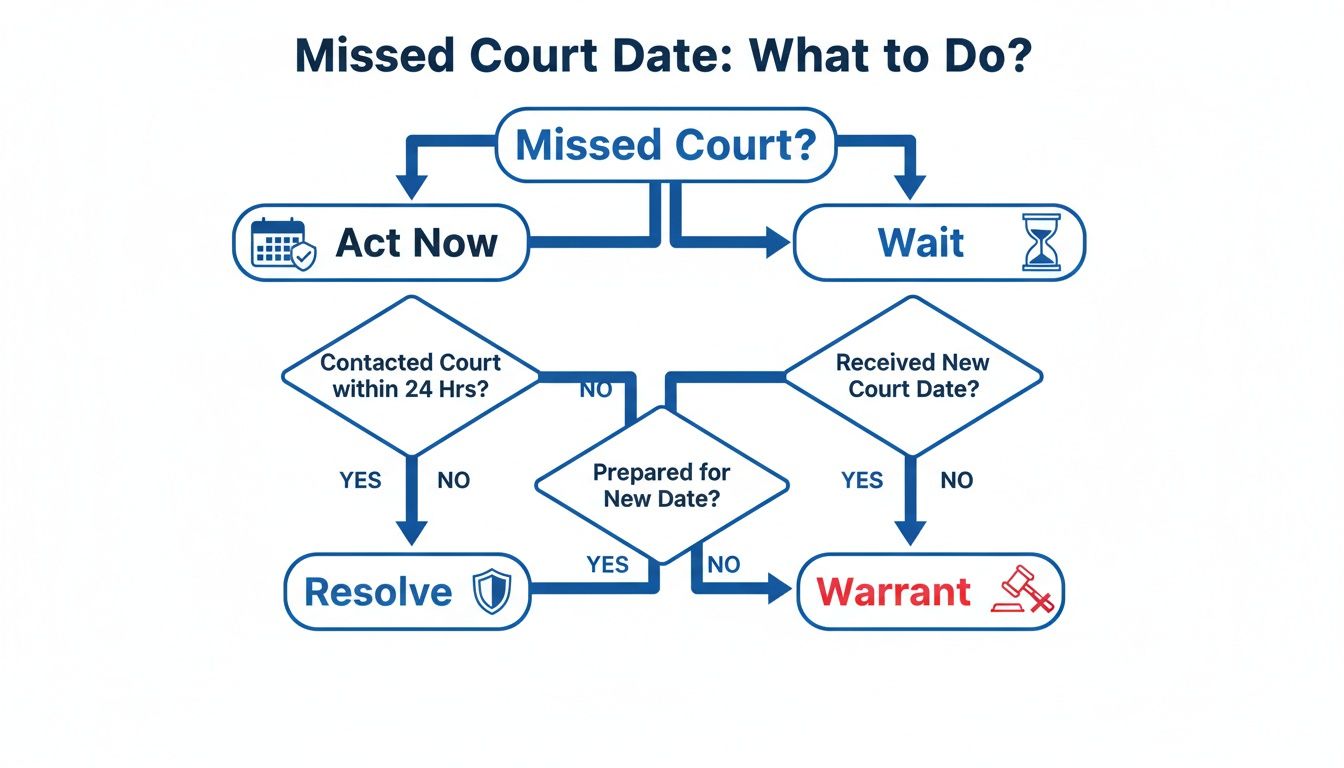 Flowchart guiding actions after missing a court date, from contacting court to potential warrant.