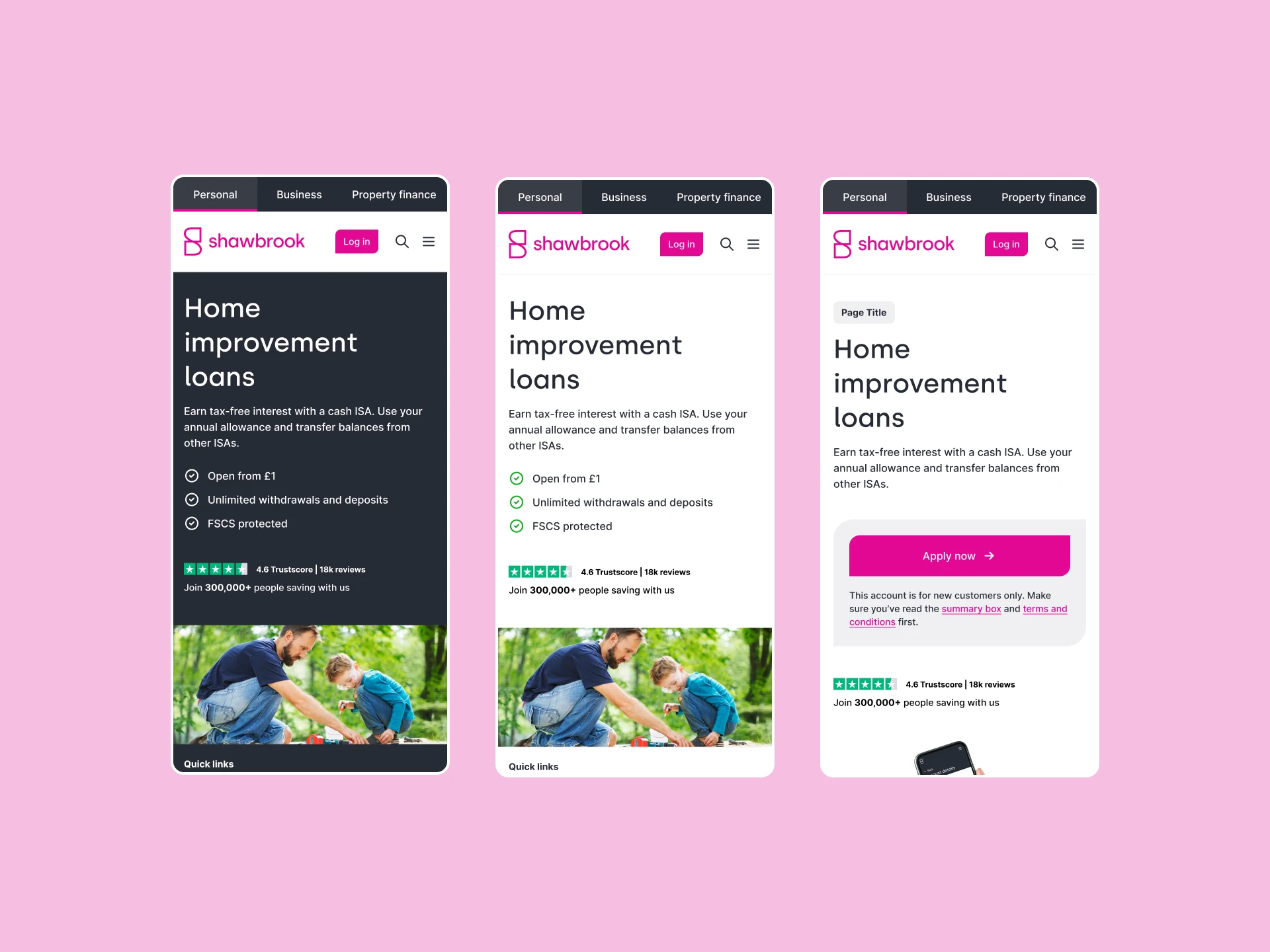 Shawbrook Bank website redesign by Cogworks - header variants on mobile