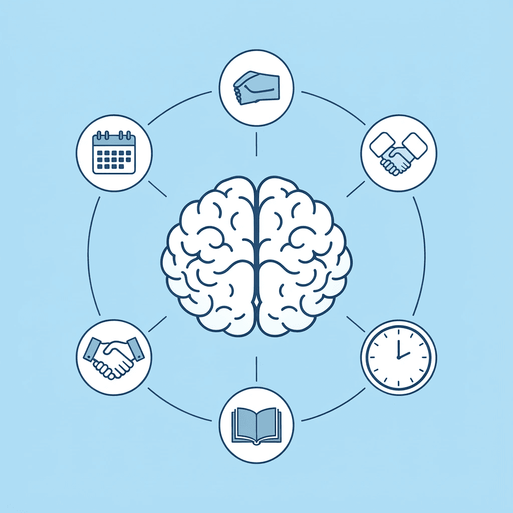 Central hub labeled 'Monthly Celebrations' connected to three surrounding icons representing cognitive development, emotional intelligence, and social skills