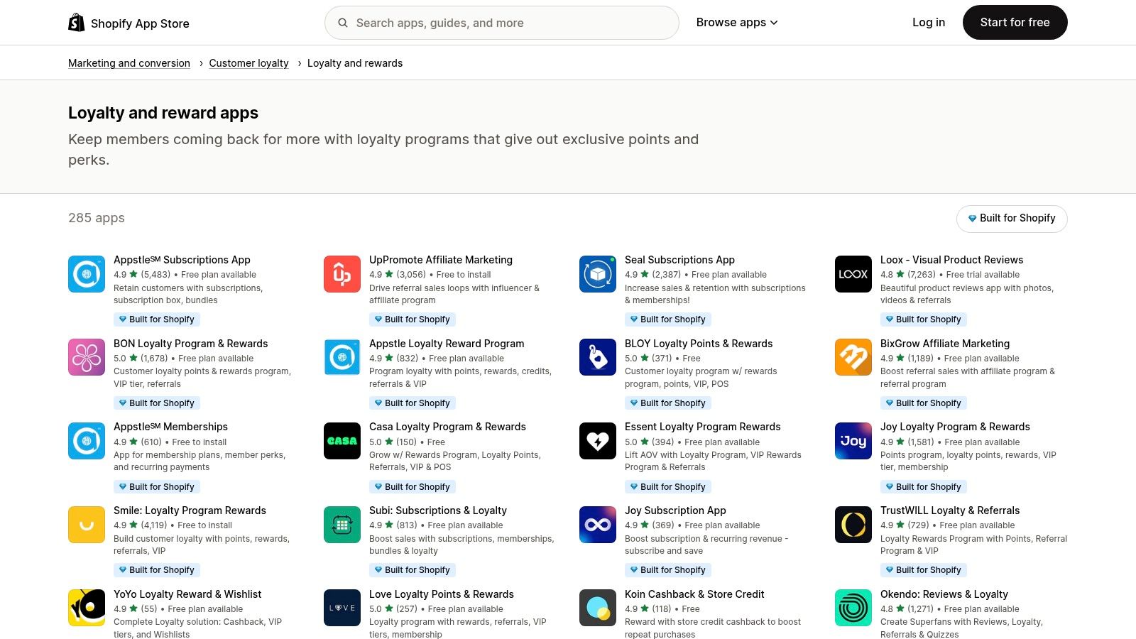 Shopify App Store – Loyalty & Rewards category