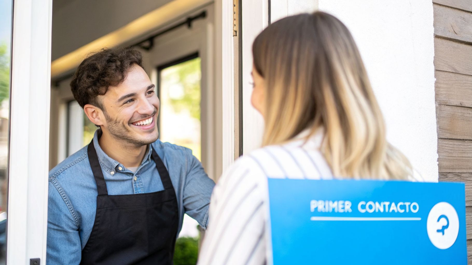 Un hombre sonriente con delantal azul recibe a una mujer en la entrada de un local. Ella tiene un cartel que dice 'Primer Contacto'.