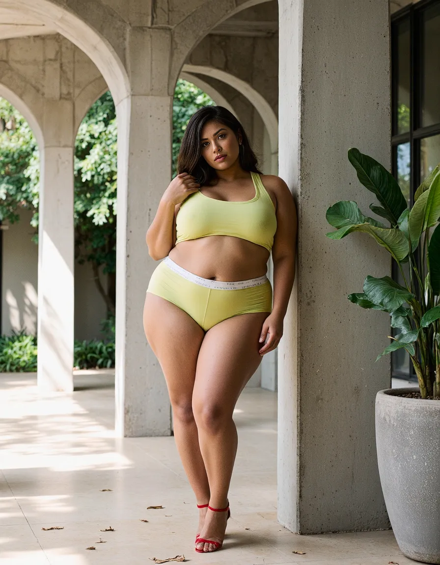 Bright yellow athleisure set photographed in an elegant archway setting with lush plants, showcasing modern fashion photography