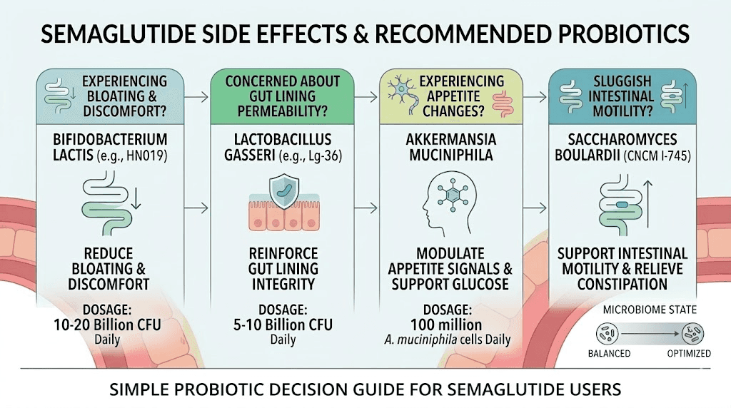 Probiotic selection guide for semaglutide side effects including constipation and diarrhea