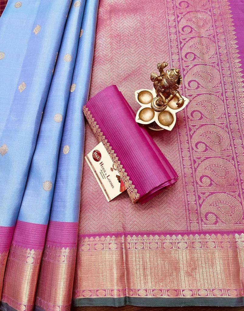 Cerulean Blue and Fuchsia Pink Kanchivaram Silk Saree