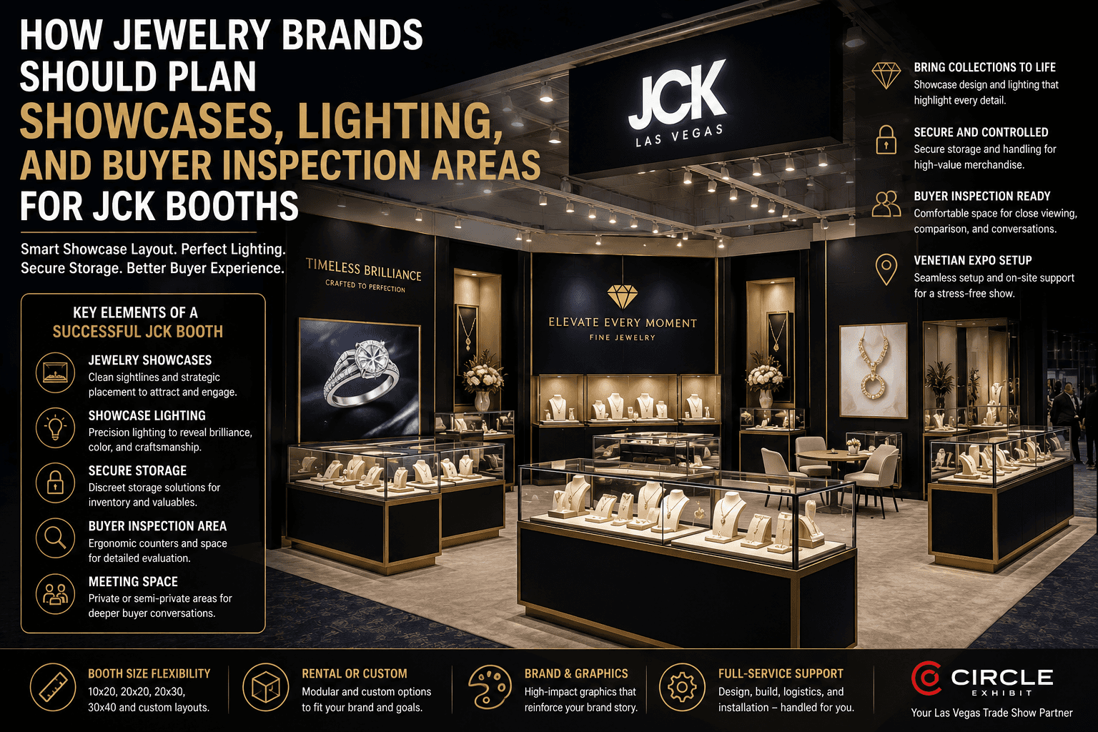 JCK jewelry booth with display cases, showcase lighting, secure storage, buyer inspection area, branded graphics, and Venetian Expo setup planning