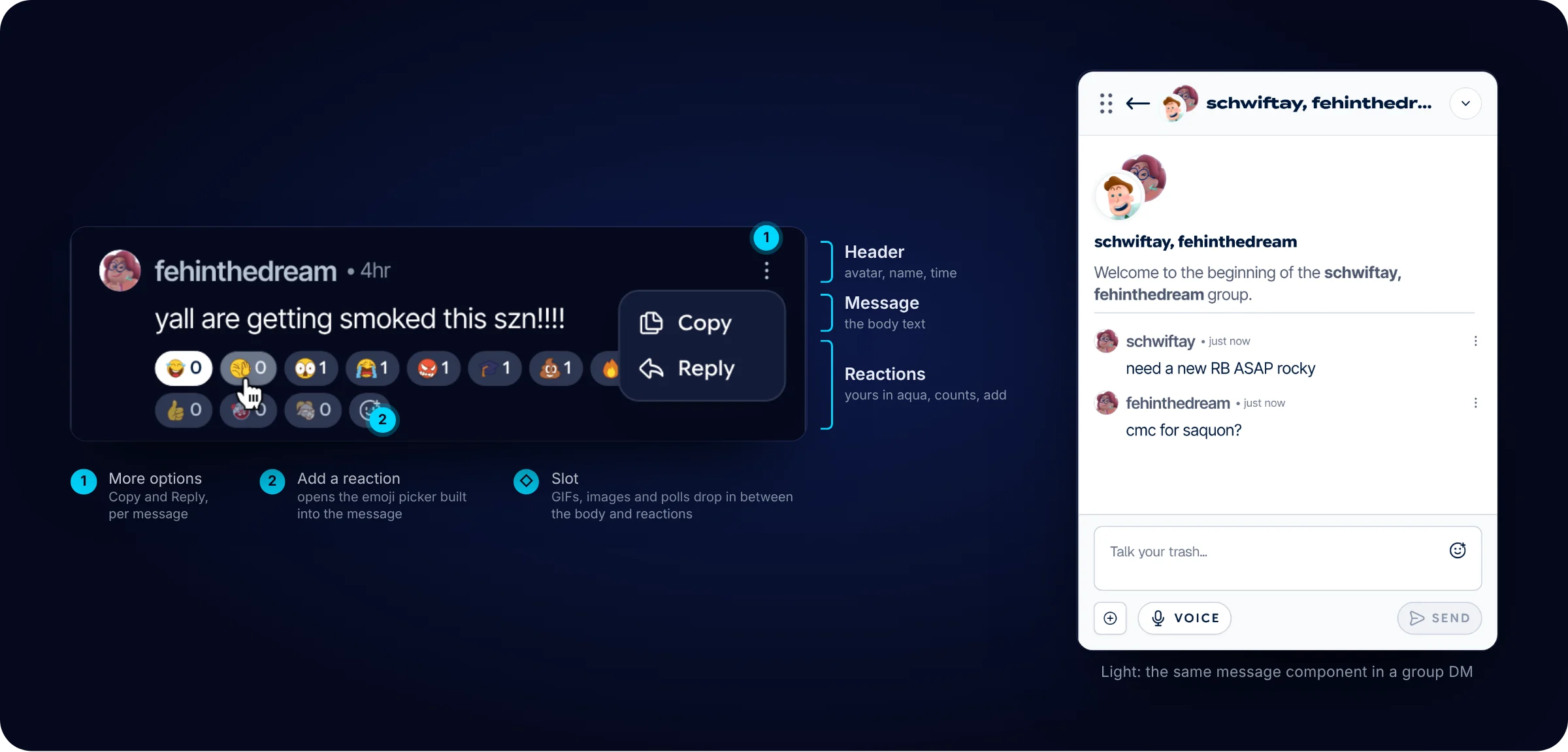 One chat message zoomed in (dark) and labeled: header, message body, reactions with your own highlighted, the add-reaction button and the Copy and Reply menu; beside it, the same message component in a light group DM