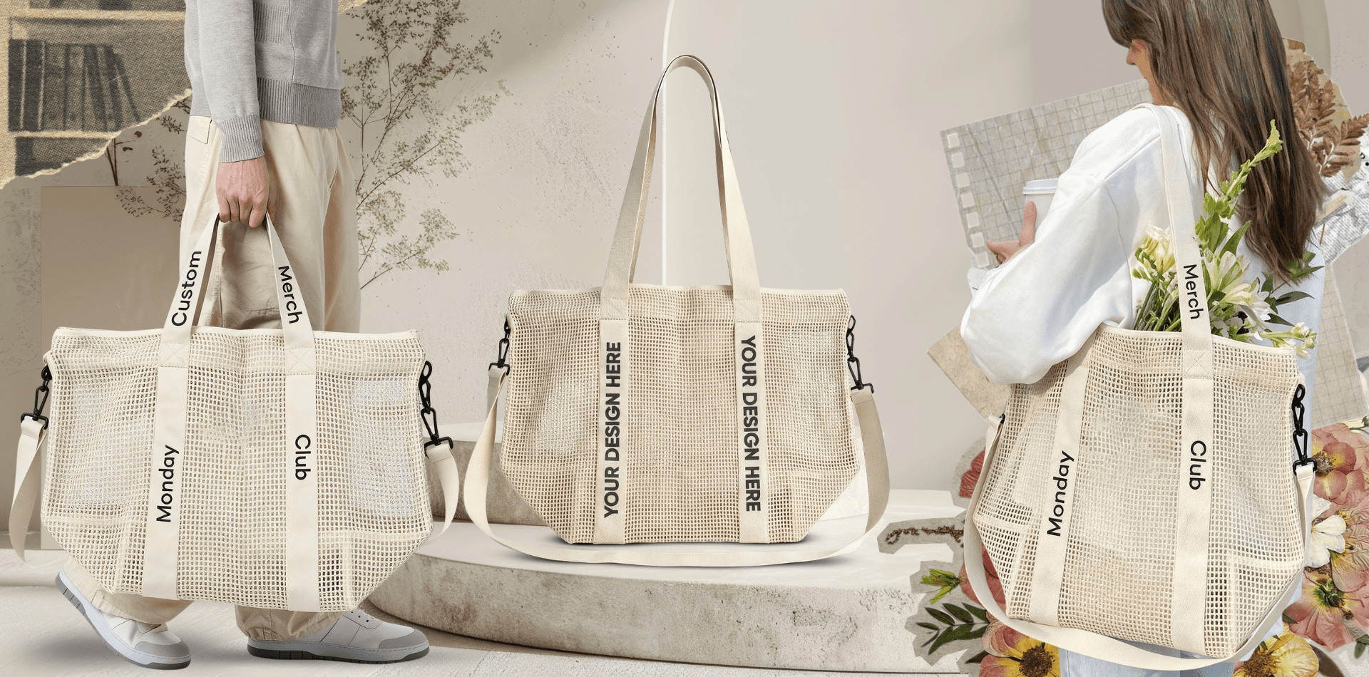 Cream mesh tote bags with custom branded straps, shown being carried and displayed in a lifestyle setting.