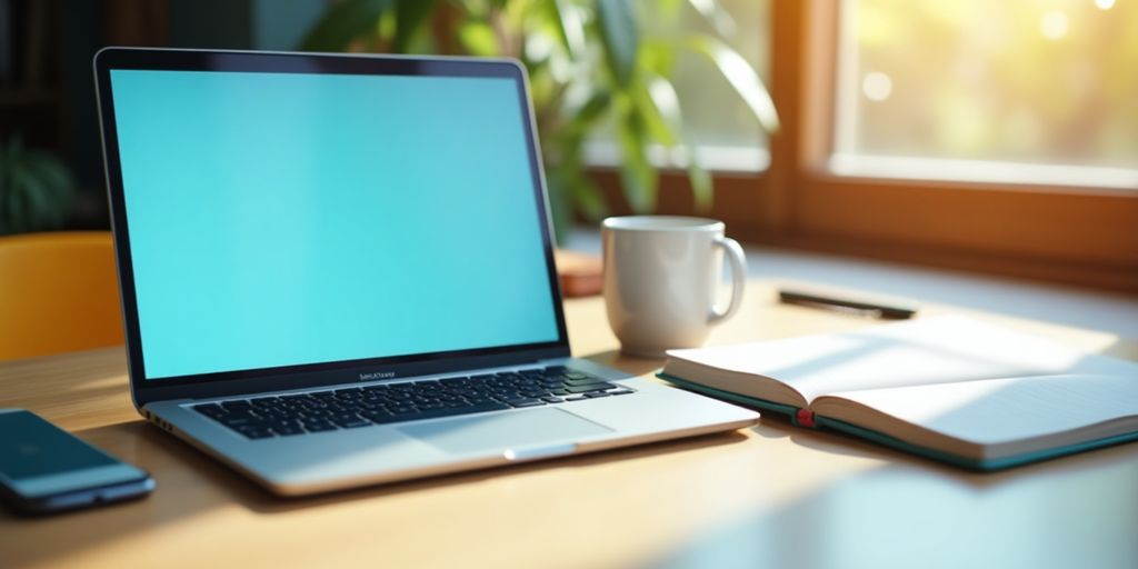 Modern workspace with laptop and notebooks for productivity.