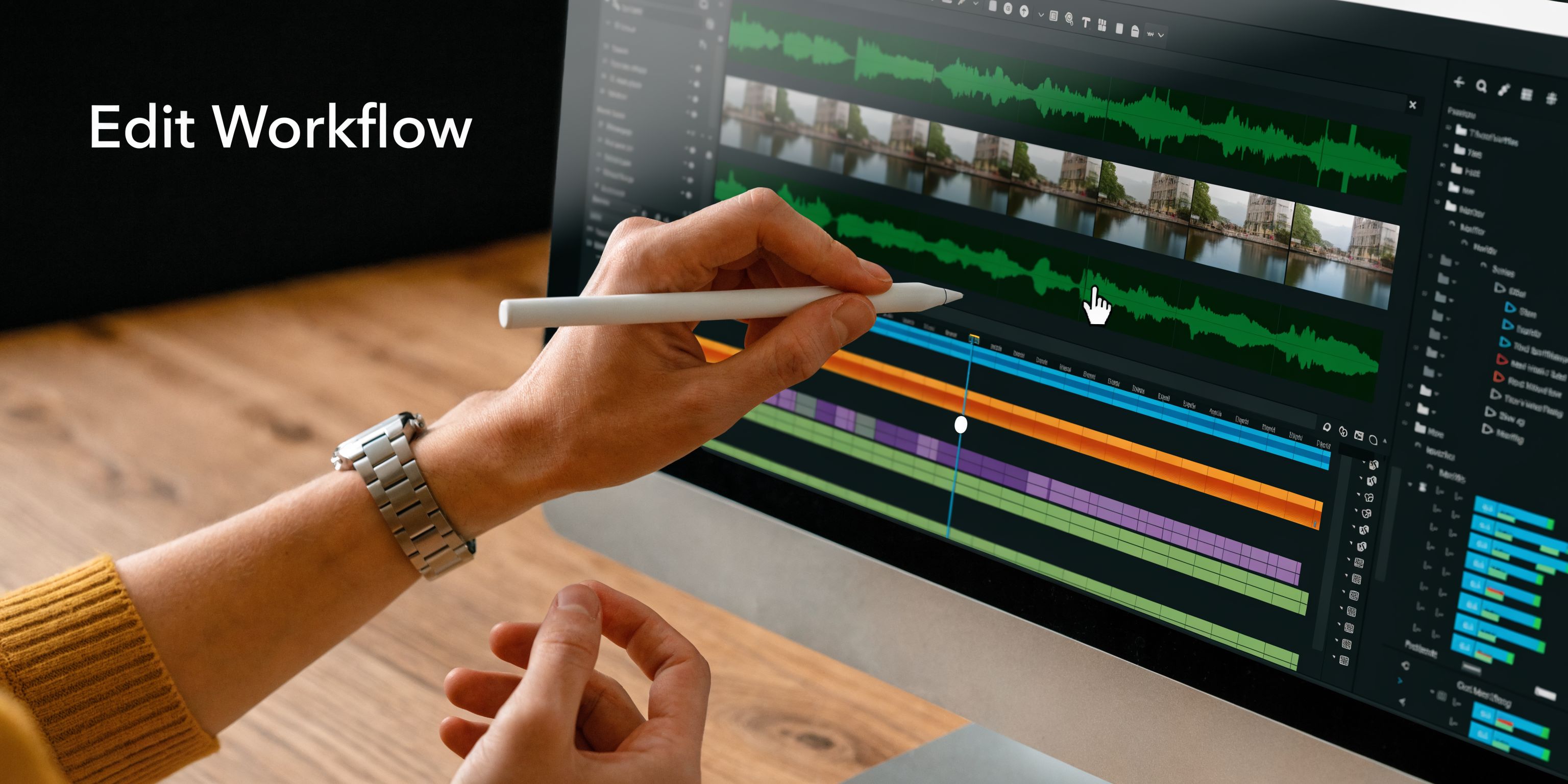 A professional editor uses a stylus on a screen for precise real estate video editing work.