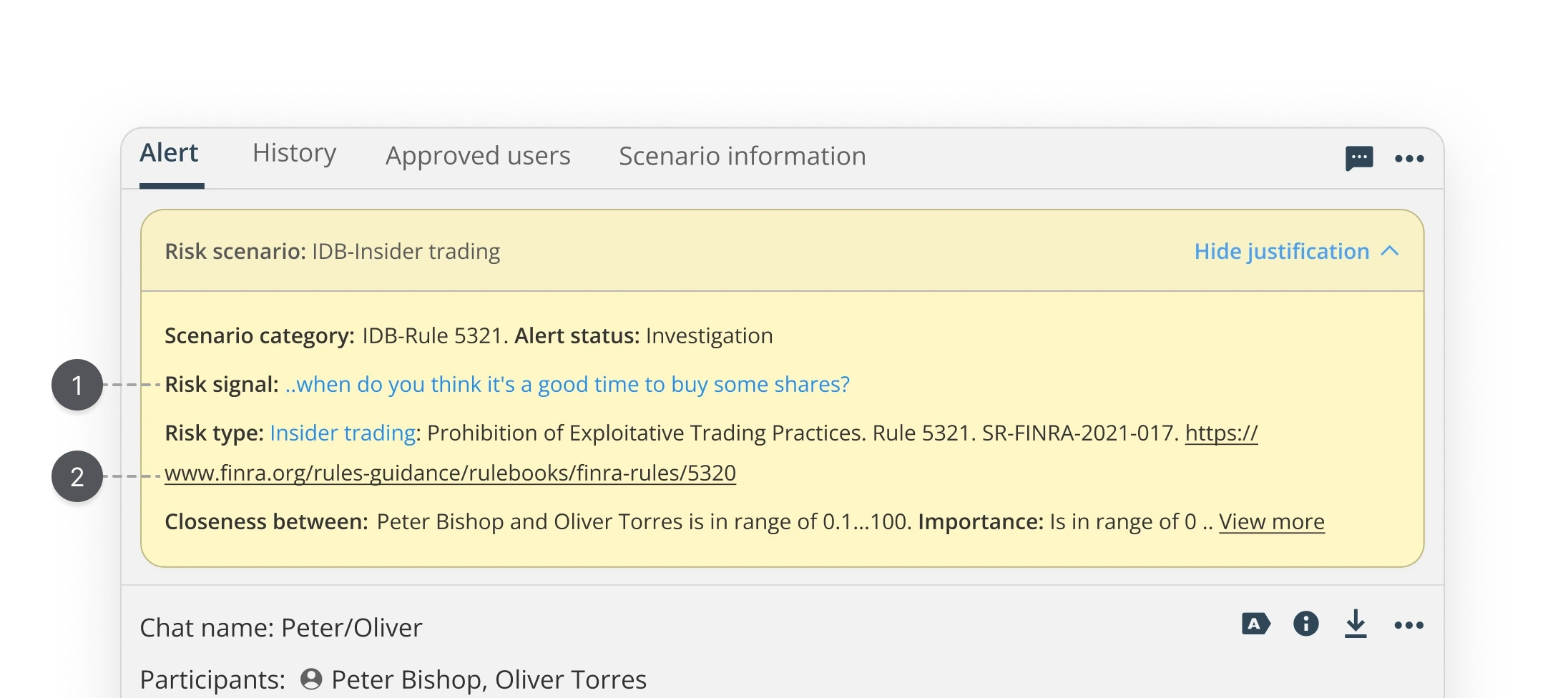 Screenshot of the Behavox alert panel showing the Risk scenario row with a  "View justification" link highlighted. An arrow points to it from a caption  reading "Where users actually went," showing the decision point where users  naturally looked for context before taking action.