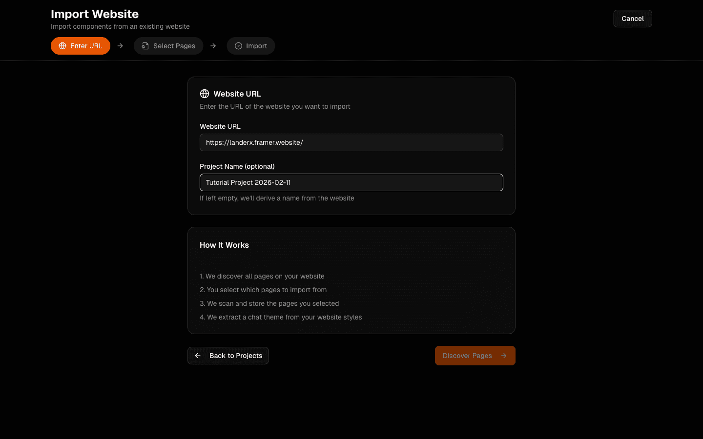 Create project flow in Web42 dashboard