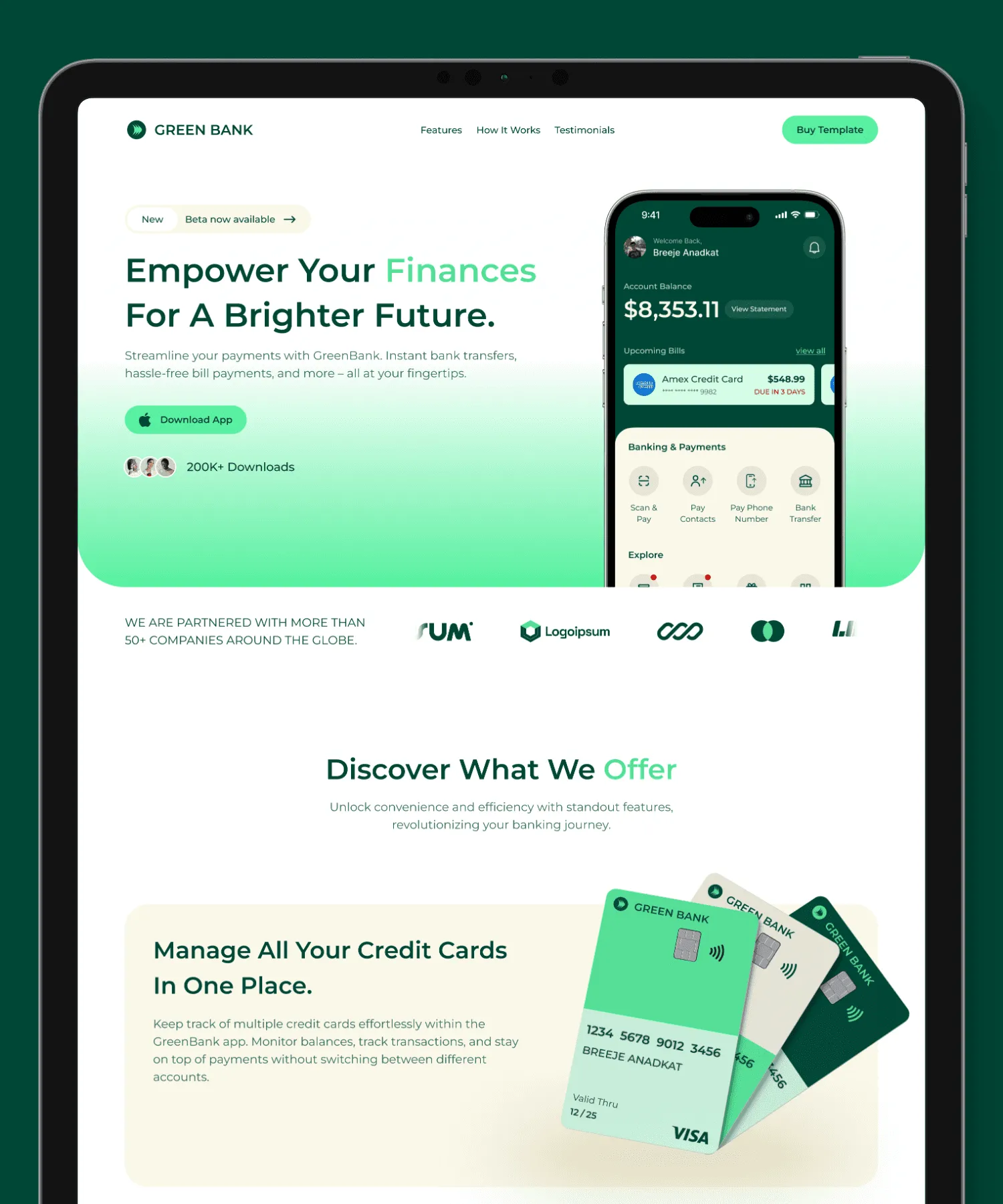 This image shows a tablet displaying a financial services app with the tagline "Empower Your Finances For A Brighter Future," highlighting features like instant bank transfers and credit card management, from Green Bank.