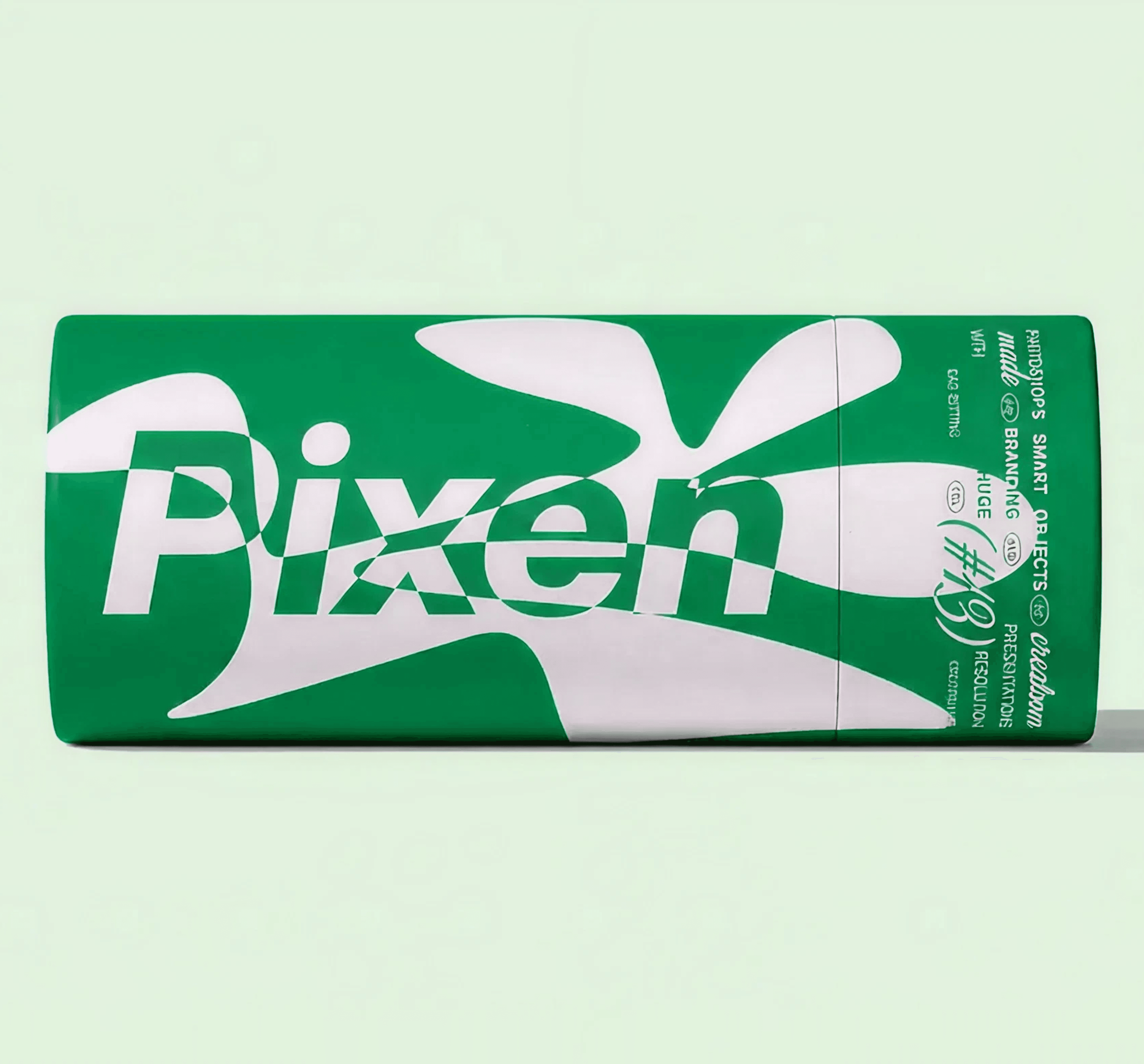 Green and white 'Pixen' can with bold text and abstract design