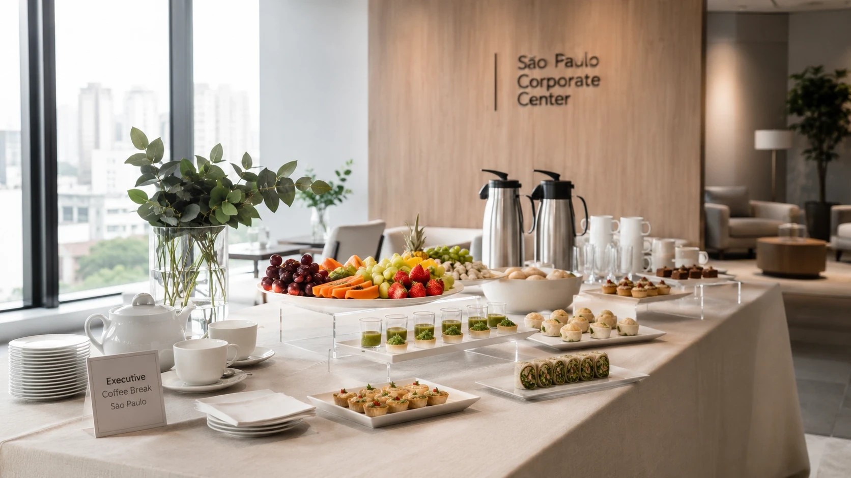 tendências buffet corporativo 2026 com cardápio moderno em mesa executiva