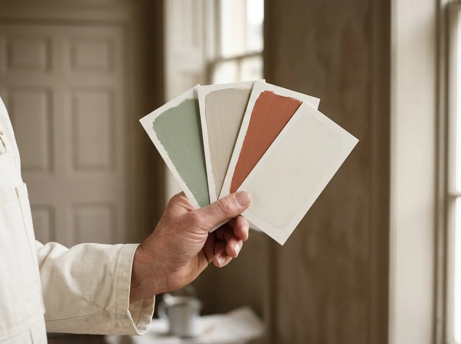 A hand holding painted colour cards in sage, stone, terracotta and warm white