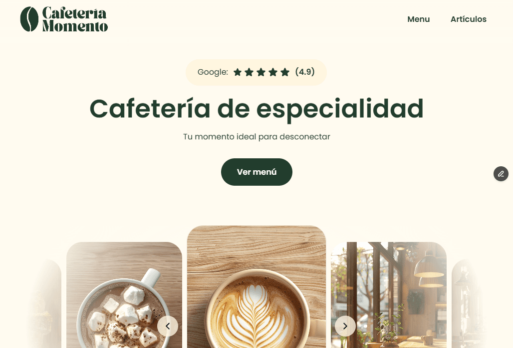 Captura de pantalla de la página web Cafetería Momento