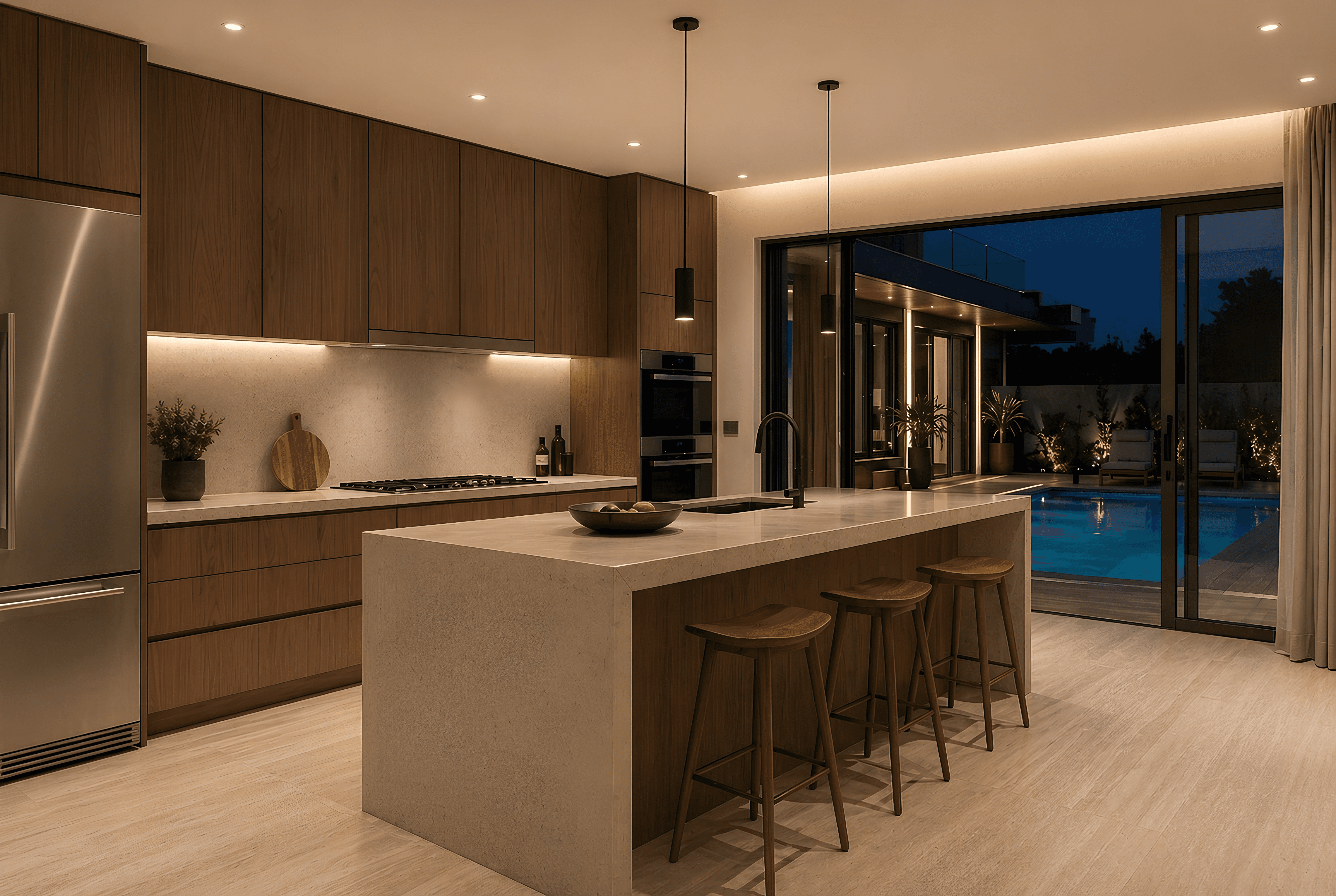 Modern luxury kitchen interior at Shanti Farms by Rankawat Group Jaipur featuring elegant finishes, premium design, and poolside views.