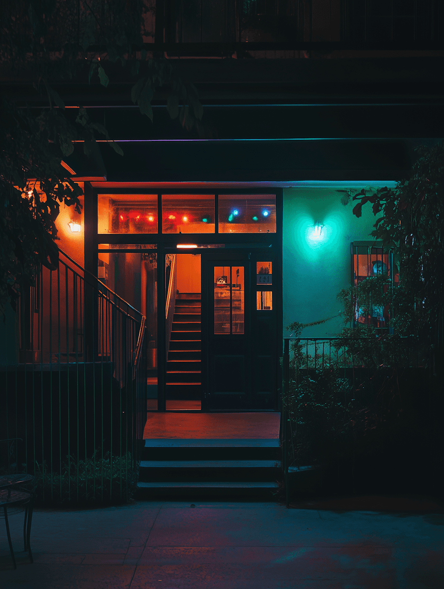 Intimate residential entrance at night bathed in moody teal and amber lighting — a cinematic approach to private home entry design