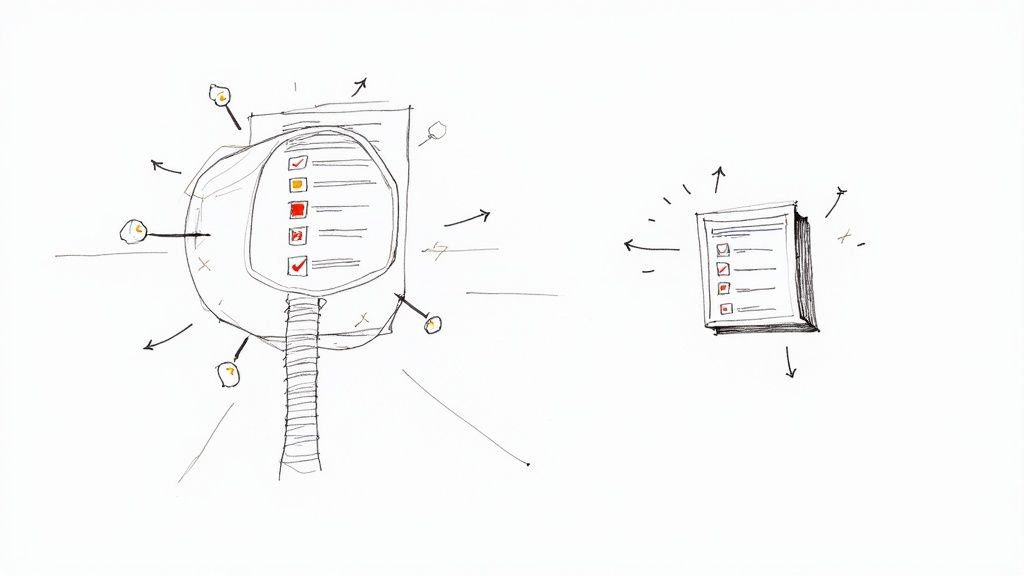 A person pointing at a lightbulb on a sticky note, surrounded by other notes with ideas, symbolizing the process of idea validation.