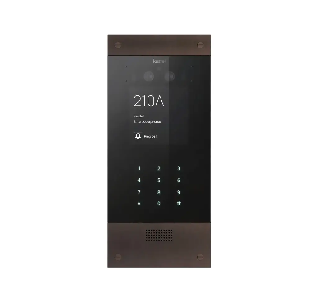 Black smart home device with screen showing time and temp