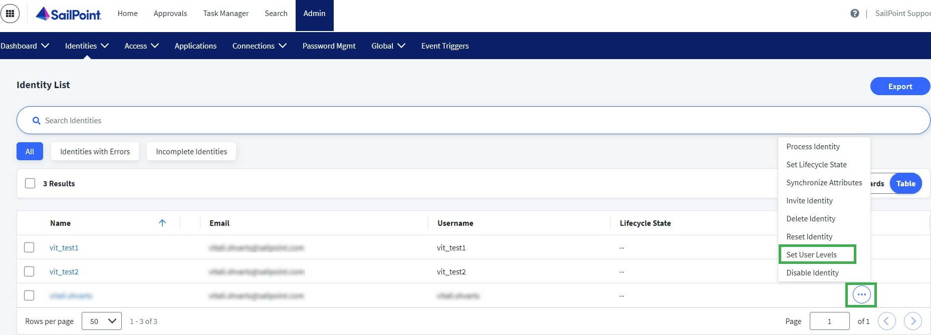 SailPoint ISC 'Identity List' dashboard showing an admin menu with the 'Set User Levels' option highlighted for a specific user.