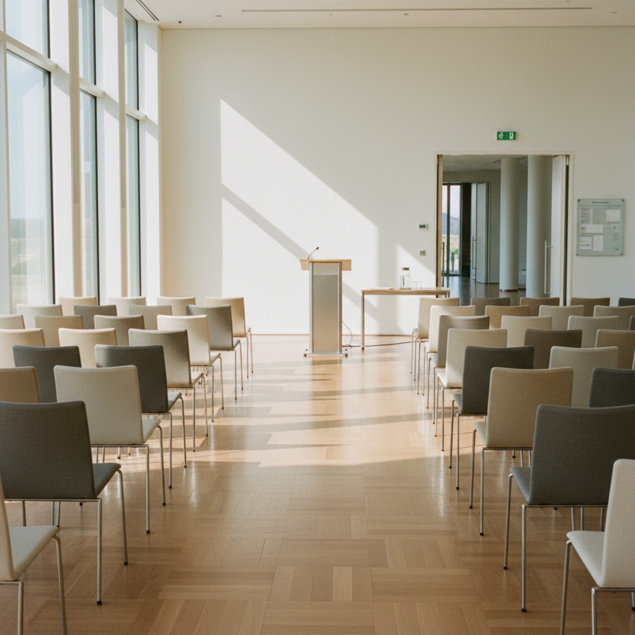 Ein heller Saal mit hohen Fenstern steht fertig aufgebaut, Reihenbestuhlung ausgerichtet, ein dezentes Rednerpult vorne. Sonnenflecken wandern über das Parkett, ein dezentes Schild am Eingang nennt den Raum. Der Raum wirkt geordnet, ruhig und sofort nutzbar, als warte er auf die nächste Buchung.