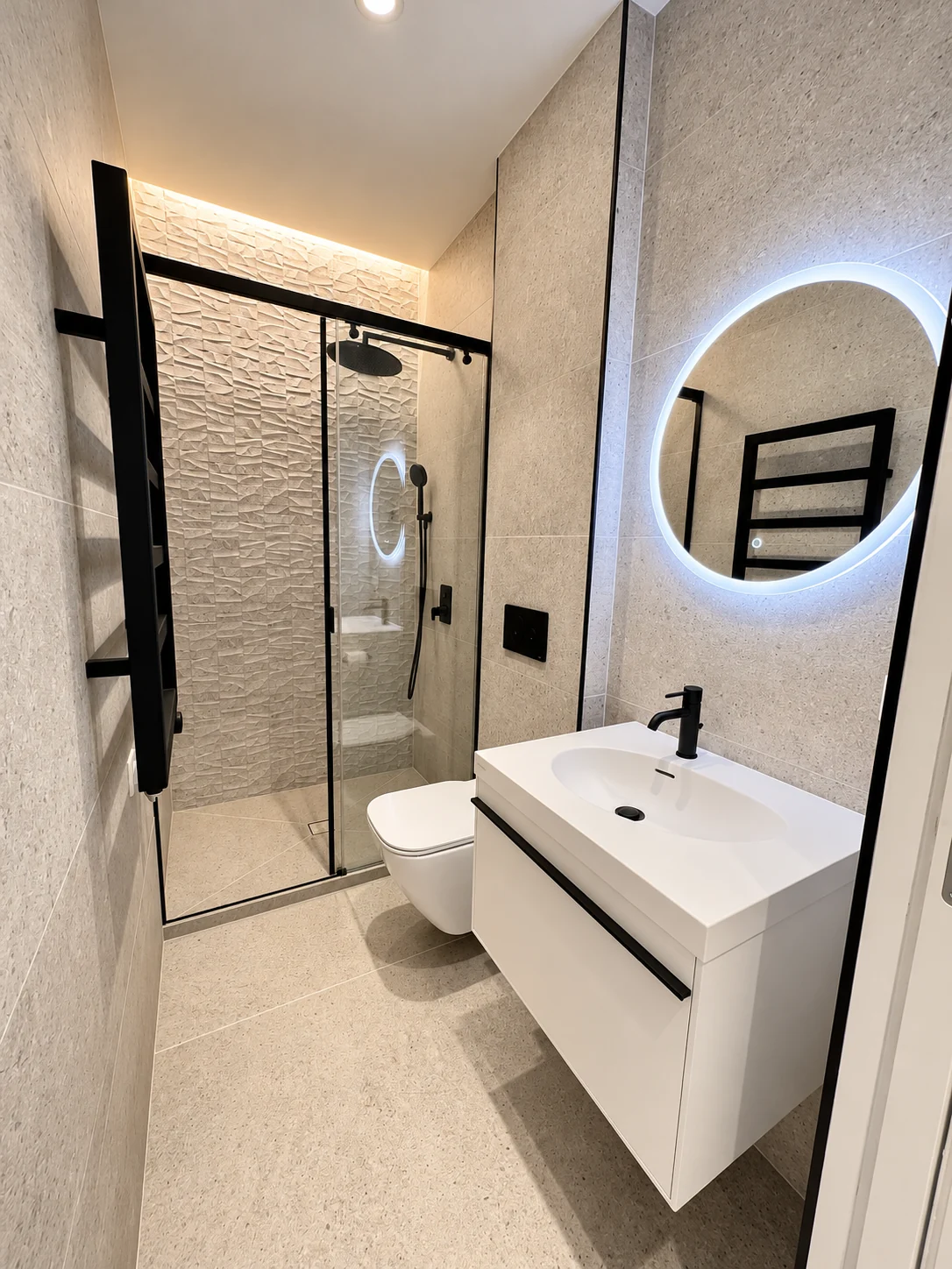 porcelanosa tile bathroom, floating vanity black and grey