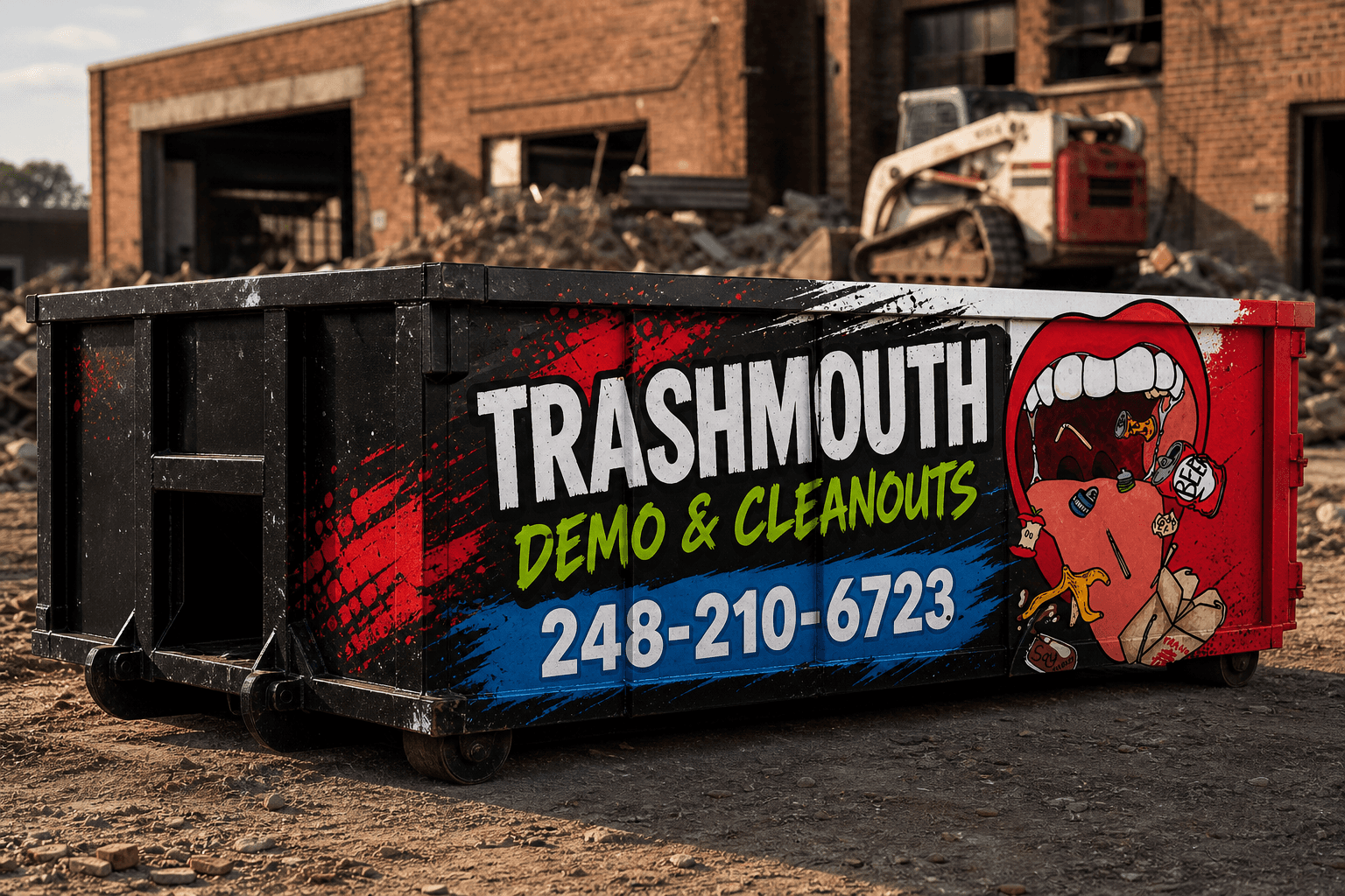 TrashMouth dumpster at a demolition site branded for demo and cleanout services.
