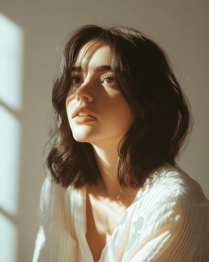 Woman sitting in soft sunlight in a calm setting