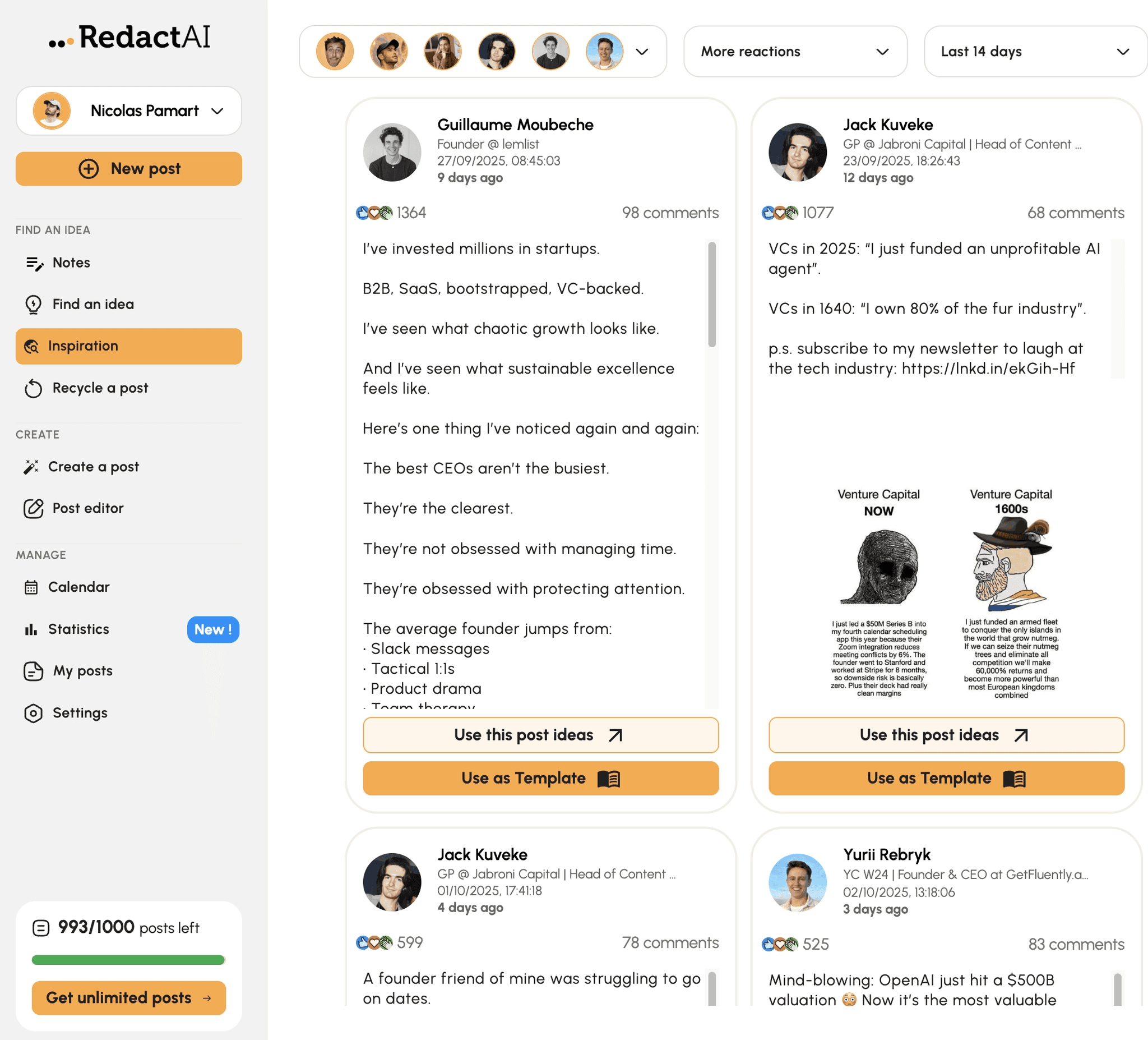 RedactAI's post inspiration library, showing several popular, proven LinkedIn posts the user can use as a template or get ideas from