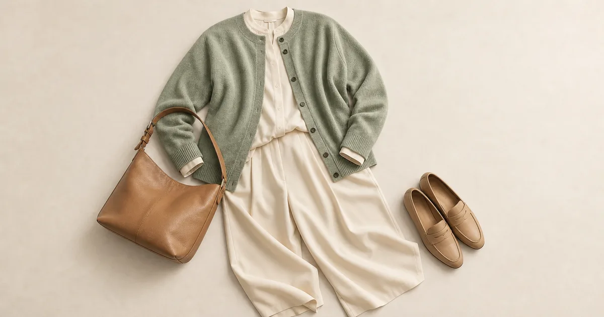 Sage Green jacket with an ivory top and tan accessory on a warm stone background