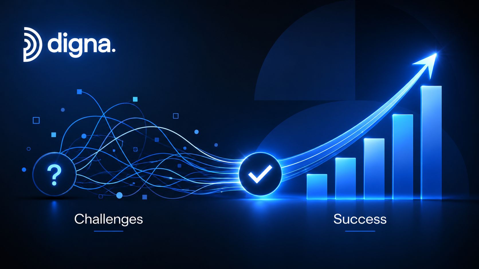 A conceptual graphic illustrating the transition from complex challenges with question marks to successful data growth.
