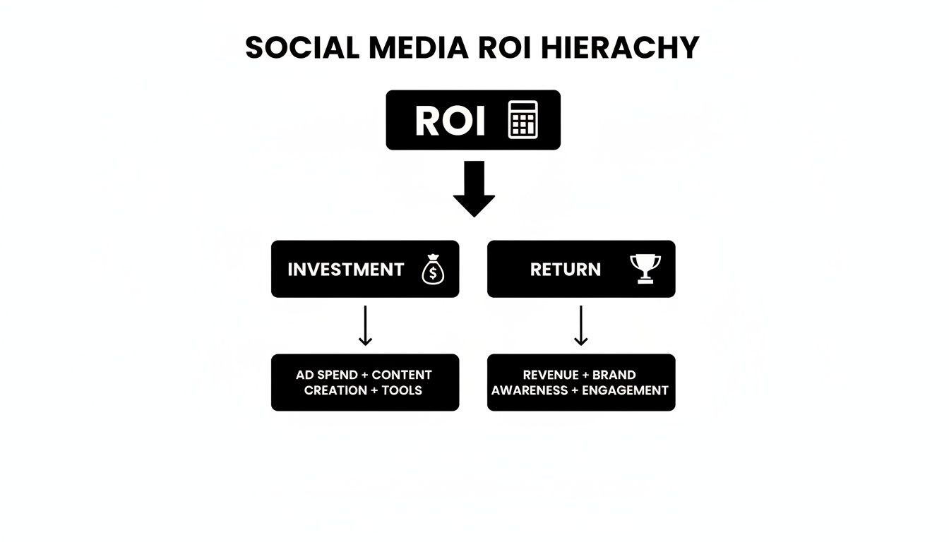 A diagram illustrating the Social Media ROI Hierarchy, detailing investment costs and various returns.