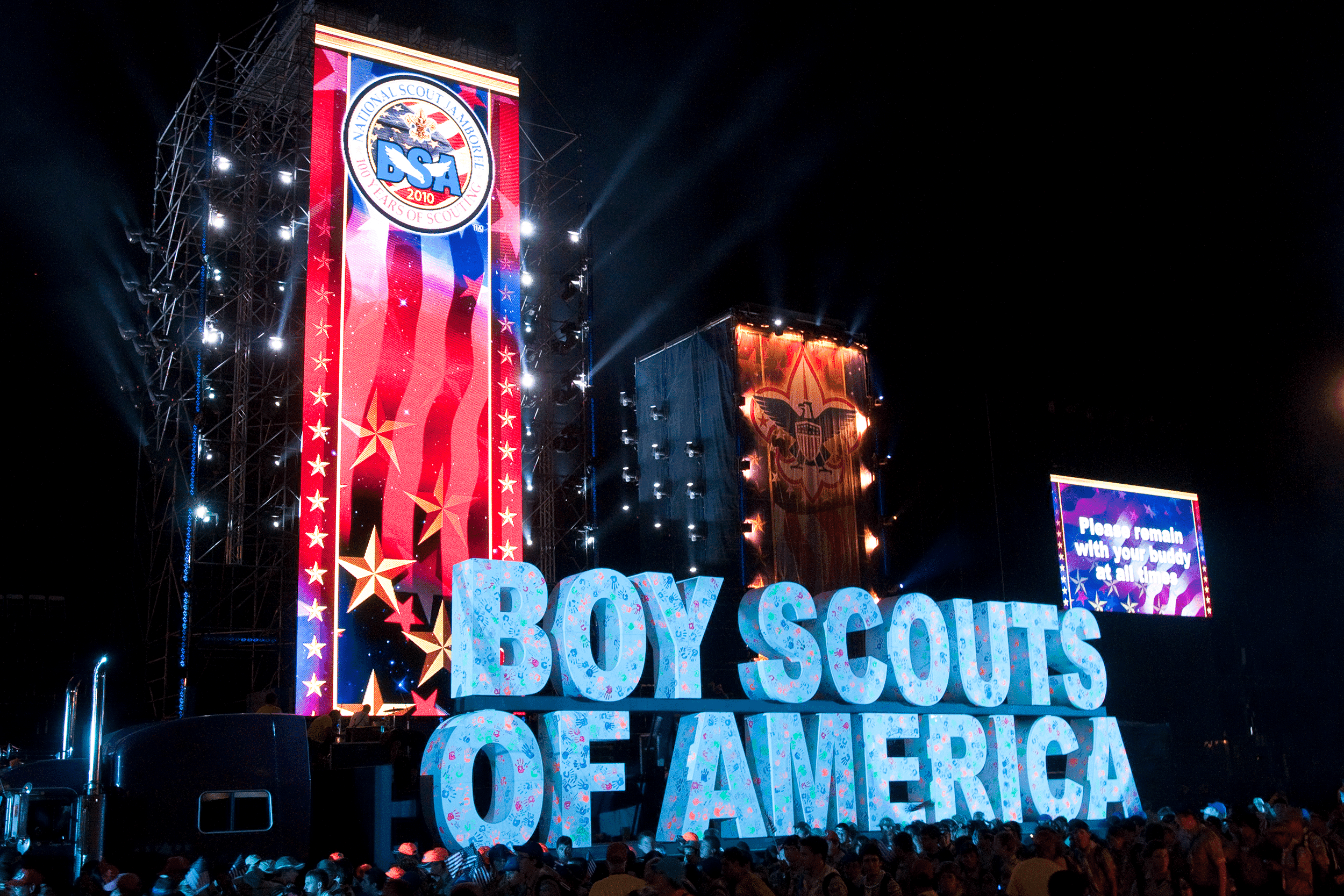 Boy Scouts 100th Anniversary National Scout Jamboree staging with giant theme logo