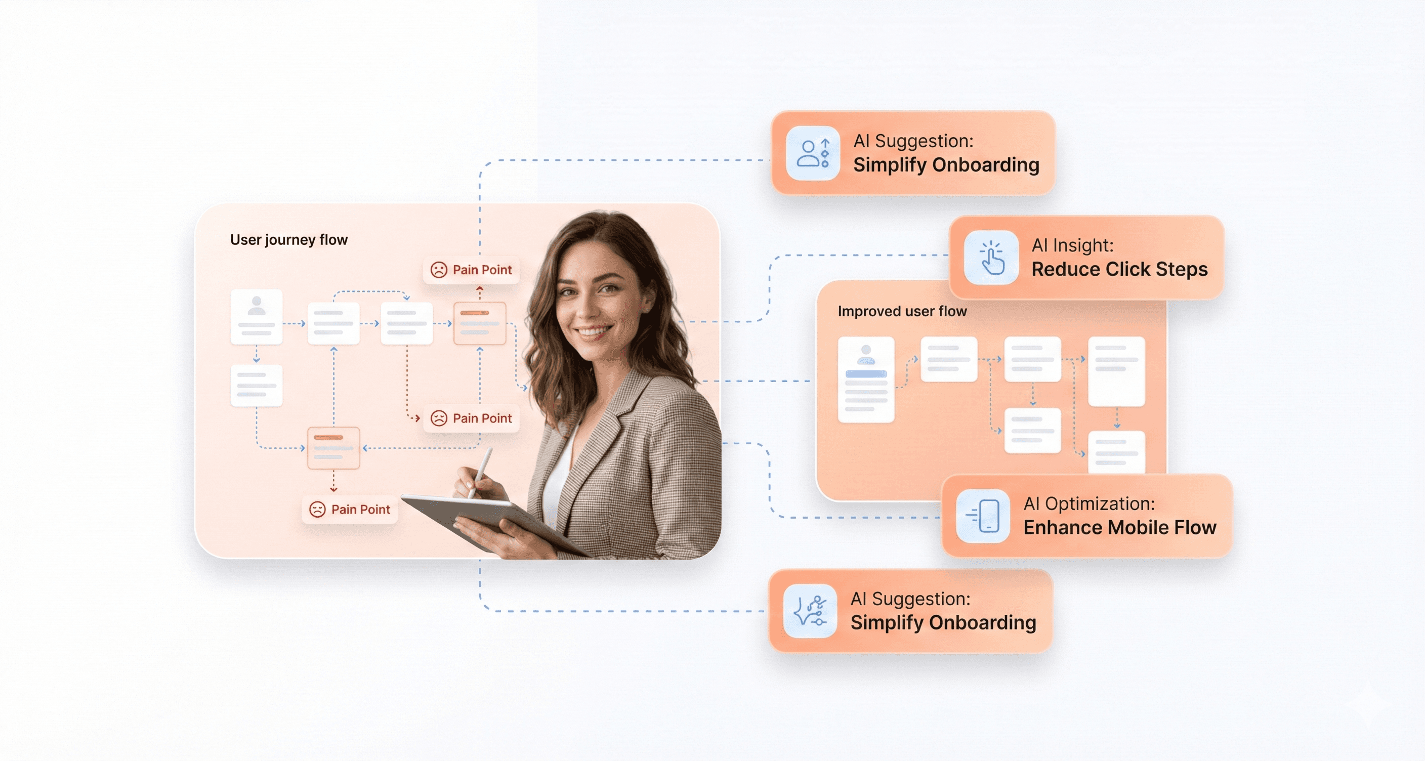 AI generated interface suggestions next to UX designer analyzing user journey workflows and usability challenges