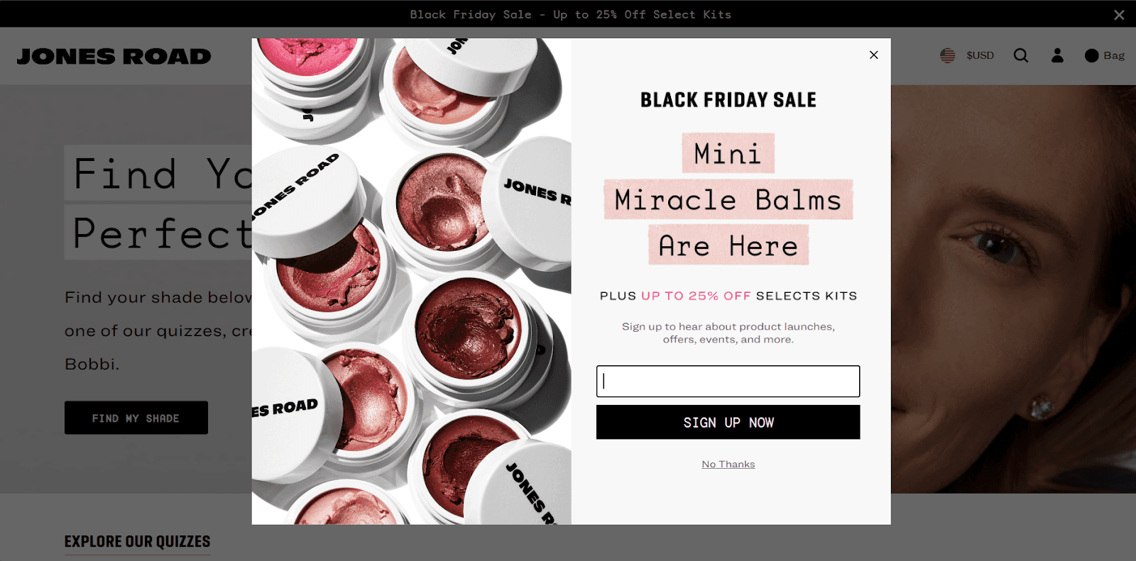 Jones Road Cosmetics shows a pop up on their landing page.