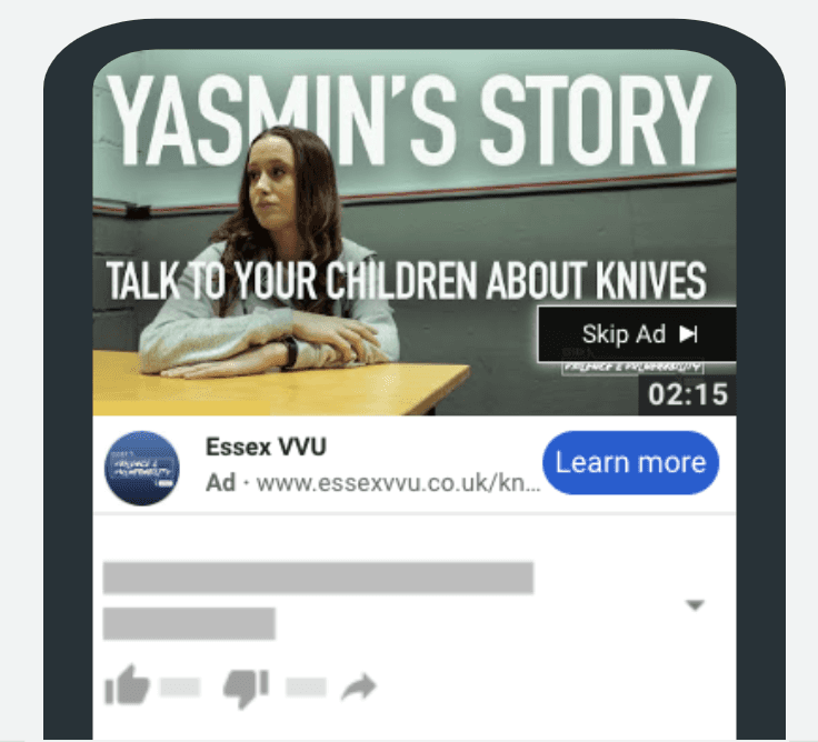 Example YouTube ad from Essex VVU: Yasmin's story, Talk to your children about knives