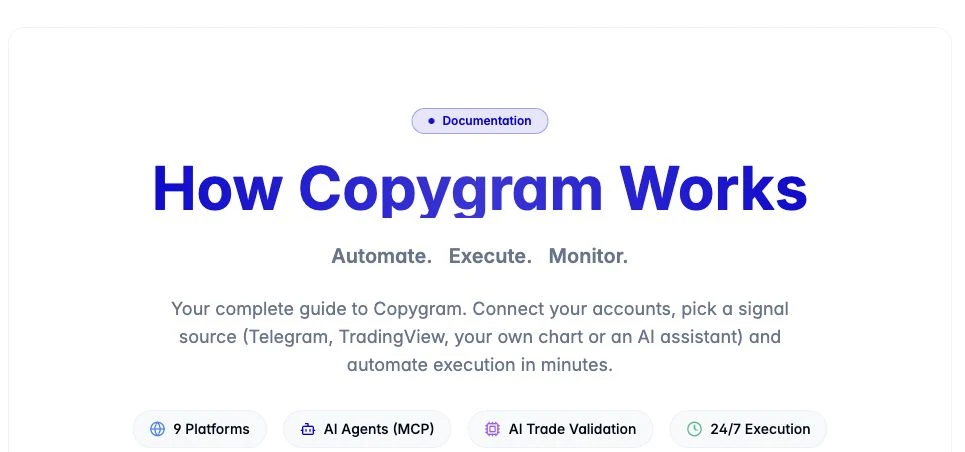 Copygram public AI Agents documentation showing the MCP server address and Copy MCP URL button