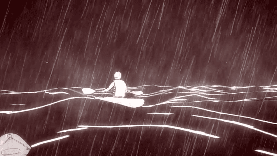 Animated kayaker paddling through rough stormy waves during heavy rainfall