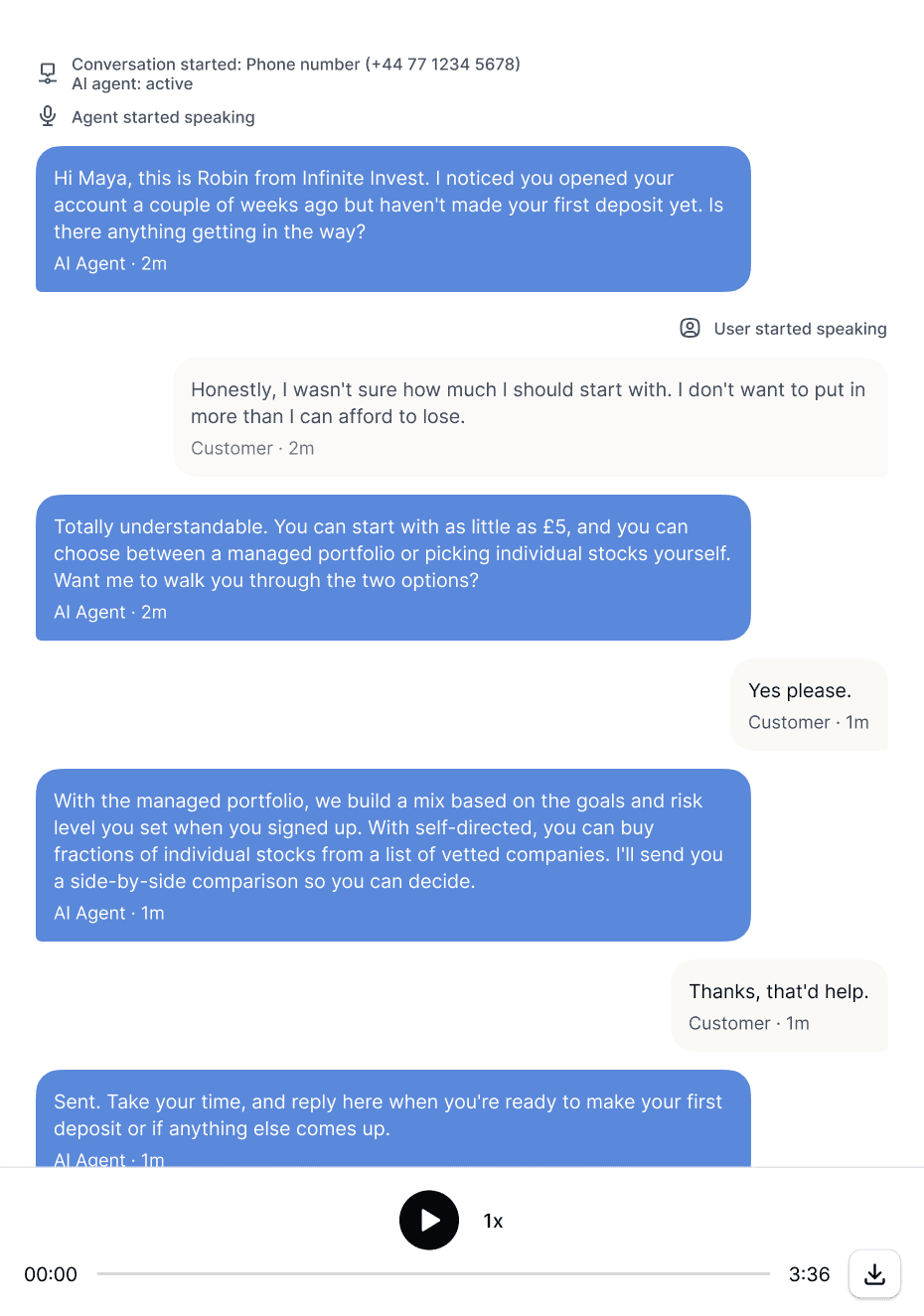 Recording of an AI voice agent proactively calling a new customer to resolve their hesitation about making a first deposit