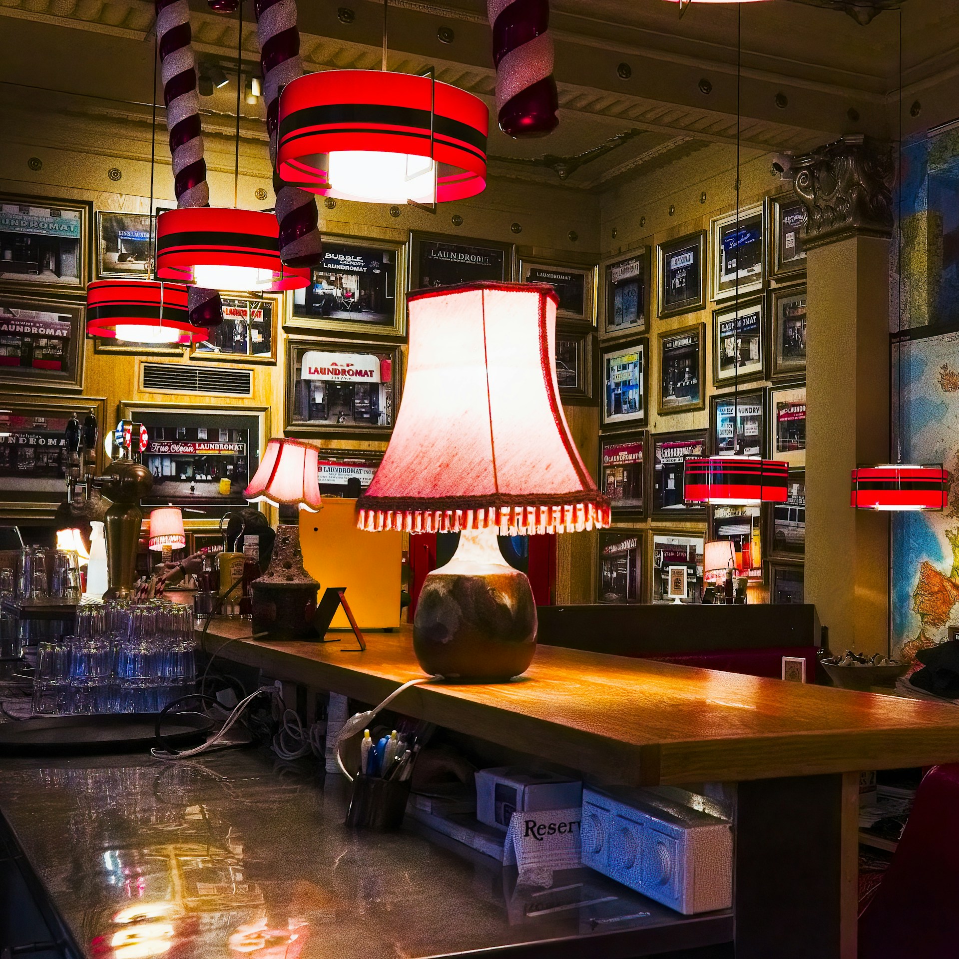 The Laundromat Cafe interior features red lamps, framed photos, and a wooden table on Austurstraeti in Reykjavik.